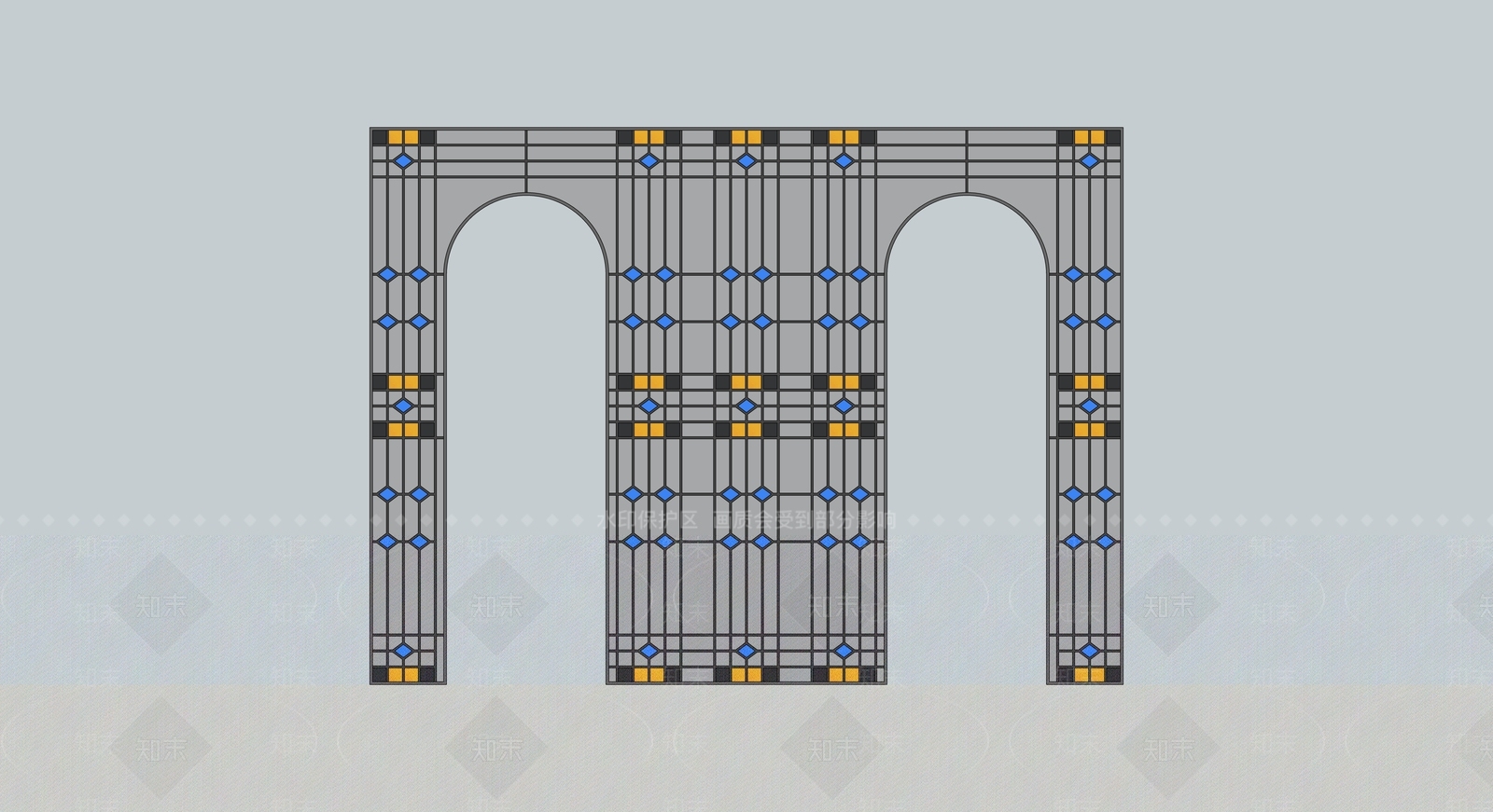 现代铁艺圆拱形玻璃隔断SU模型下载【ID:1161307566】
