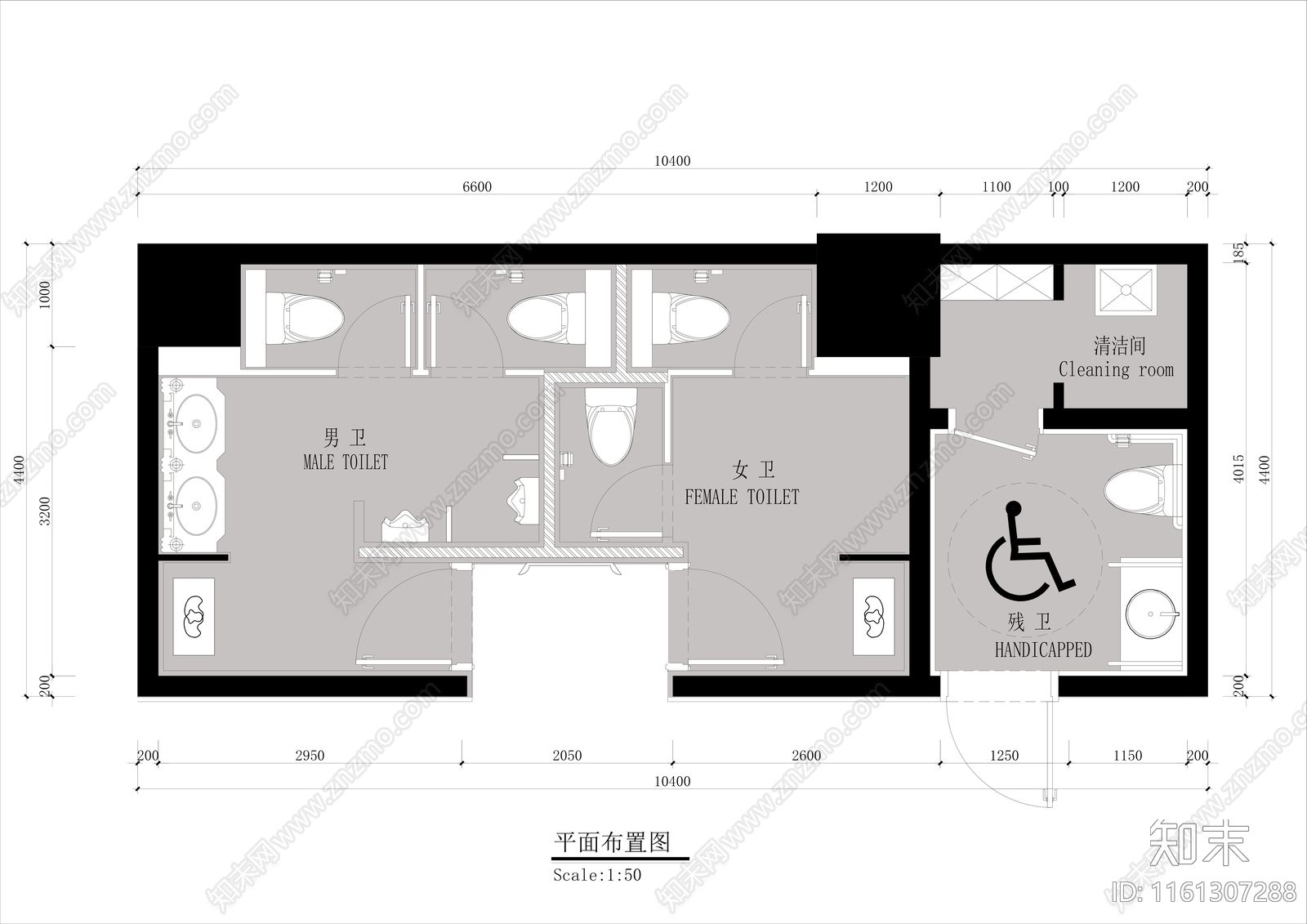 公共卫生间布局图cad施工图下载【ID:1161307288】