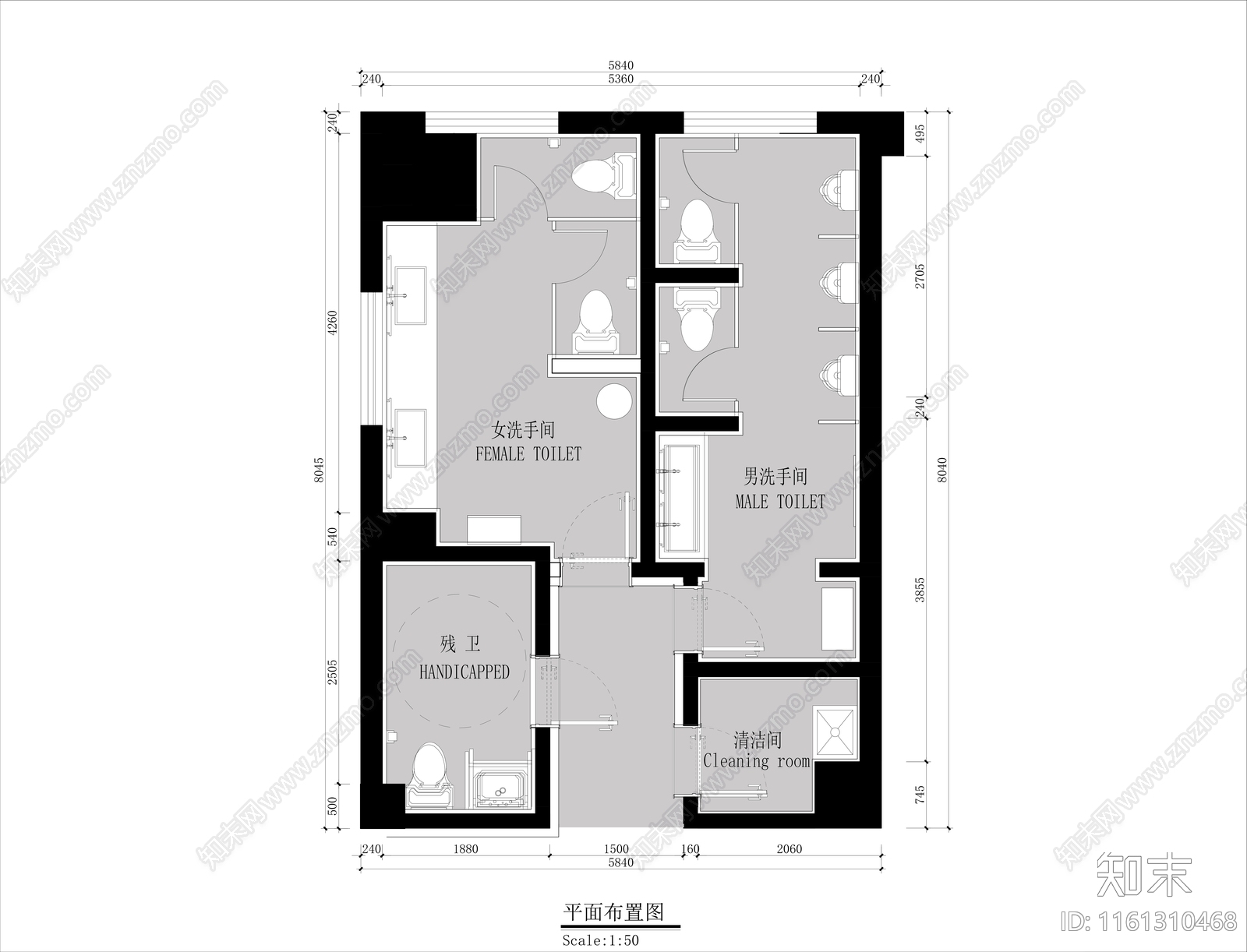 公共卫生间平面图cad施工图下载【ID:1161310468】