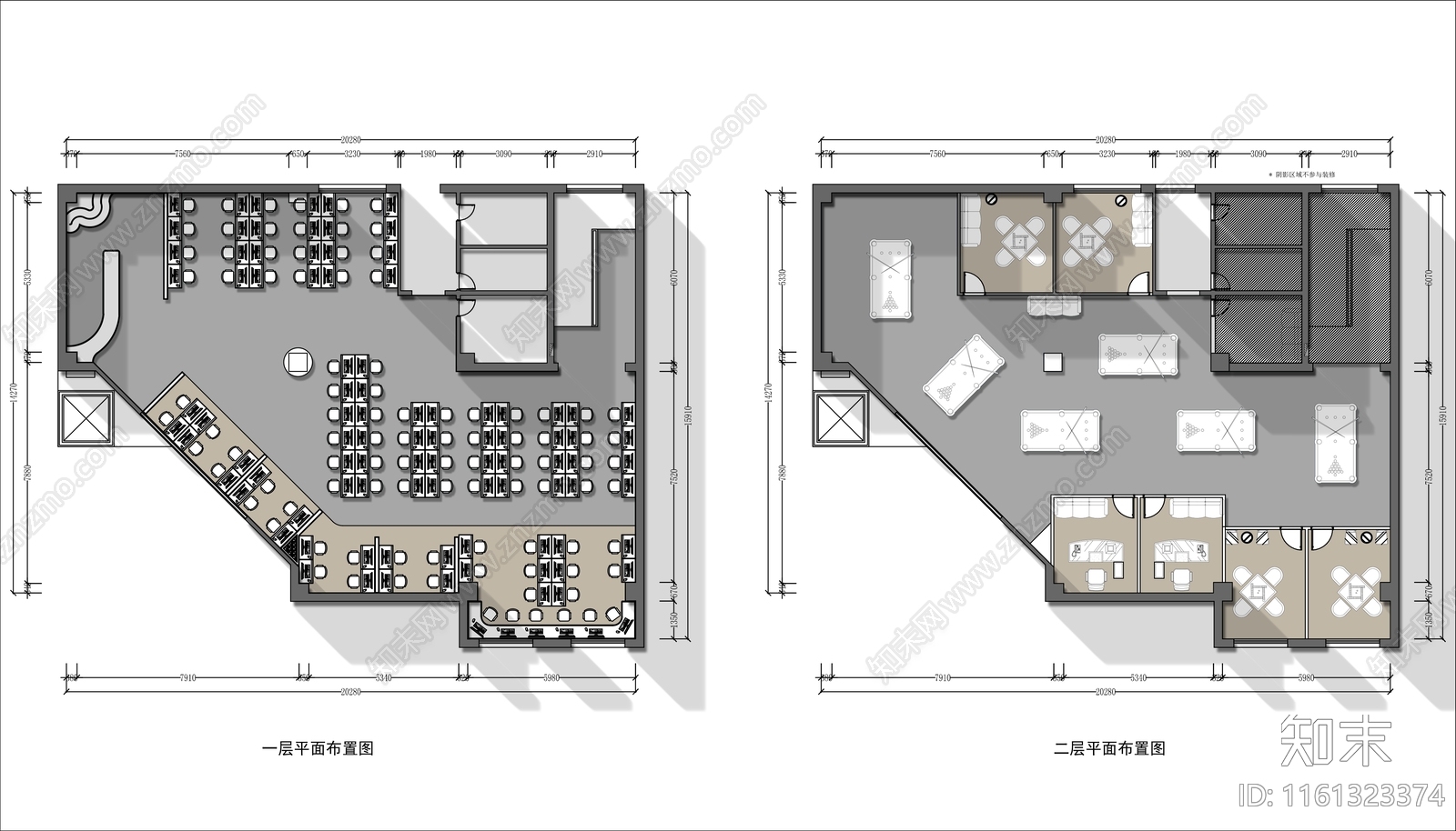 500㎡两层网吧台球厅平面布局方案施工图下载【ID:1161323374】