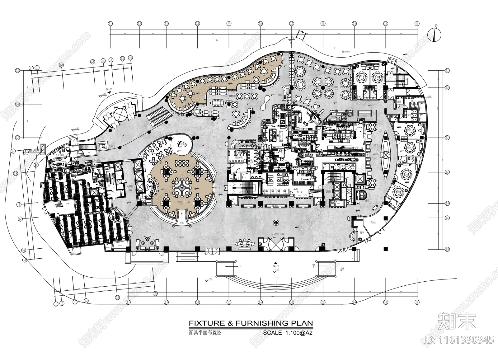 五星级酒店上万平综合餐厅平面布置图施工图下载【ID:1161330345】