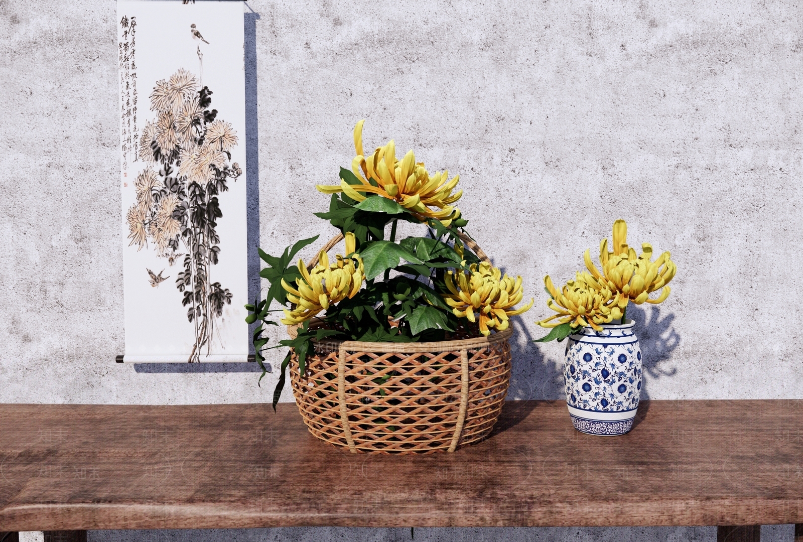 中式菊花插花SU模型下载【ID:1161337823】