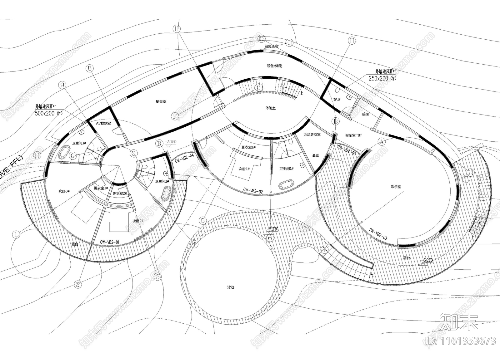 异型度假民宿建筑cad施工图下载【ID:1161353673】