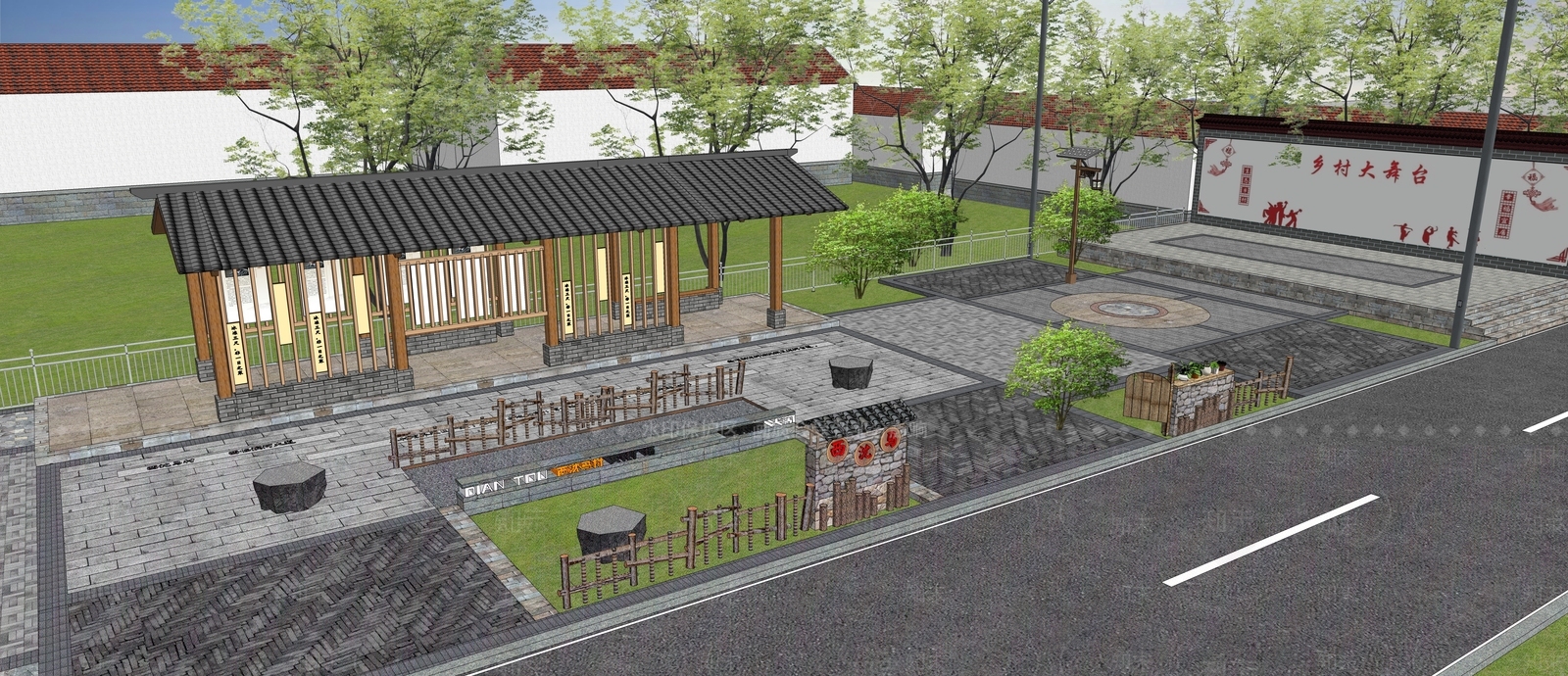 新中式乡村广场SU模型下载【ID:1161354401】