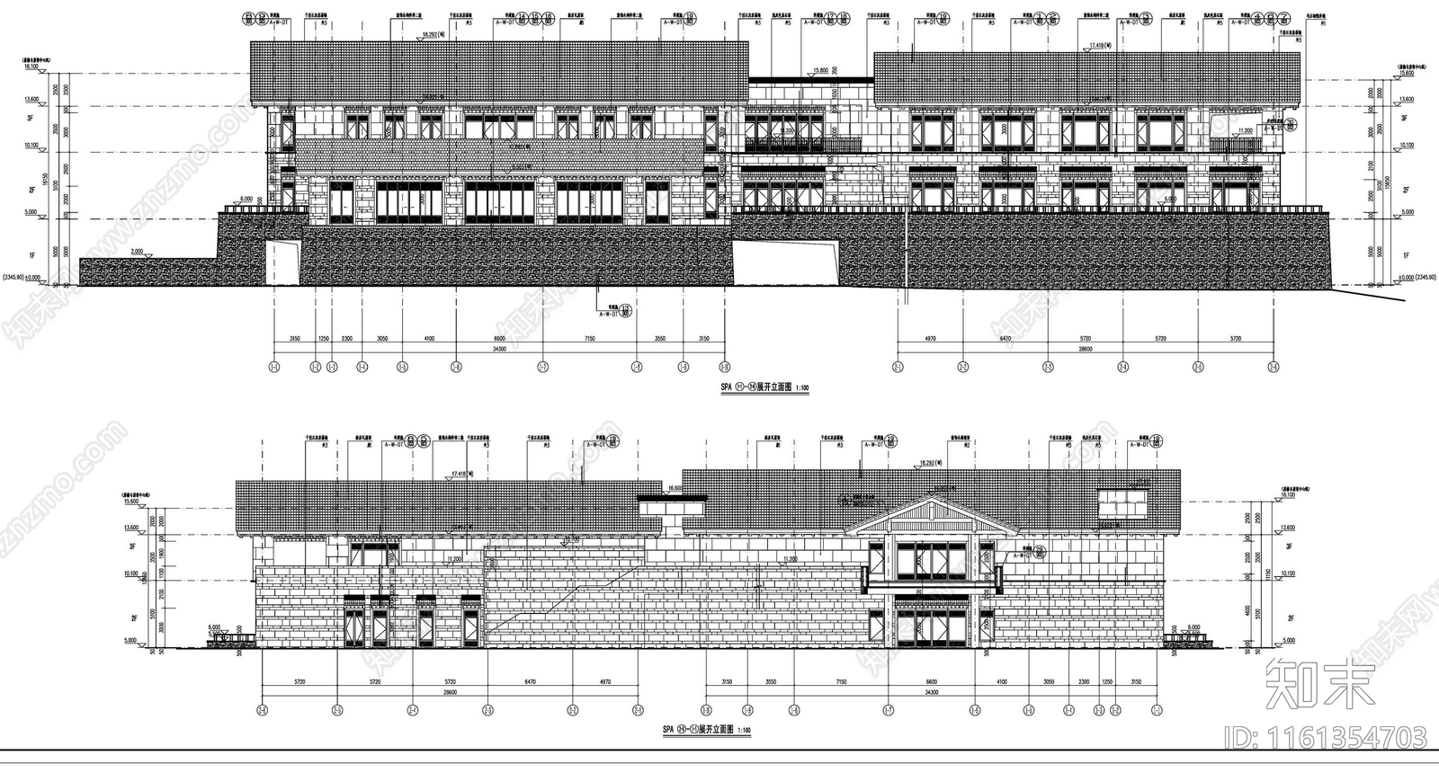 民宿酒店SPA建筑cad施工图下载【ID:1161354703】