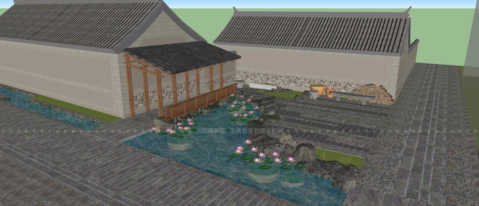 新中式乡村荷花池SU模型下载【ID:1161355086】