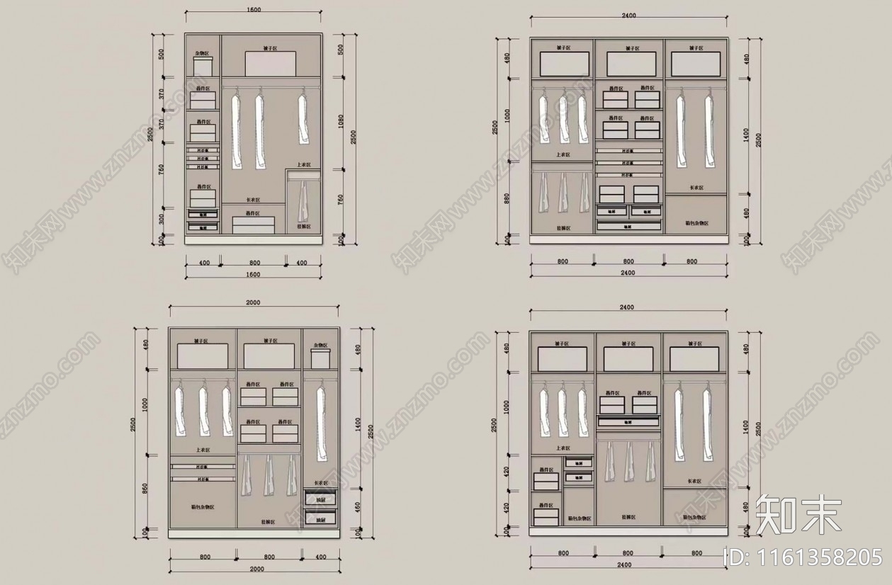 衣柜标准组合合集施工图下载【ID:1161358205】