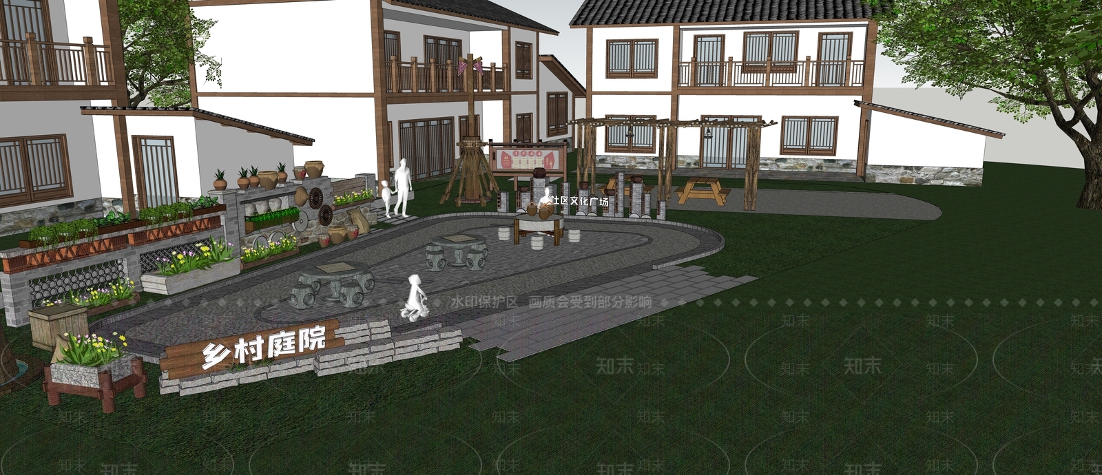 新中式乡村广场SU模型下载【ID:1161364563】