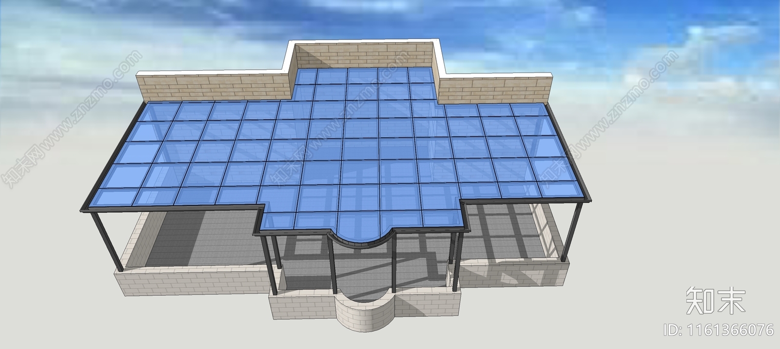现代异形露台钢结构玻璃顶雨棚SU模型下载【ID:1161366076】