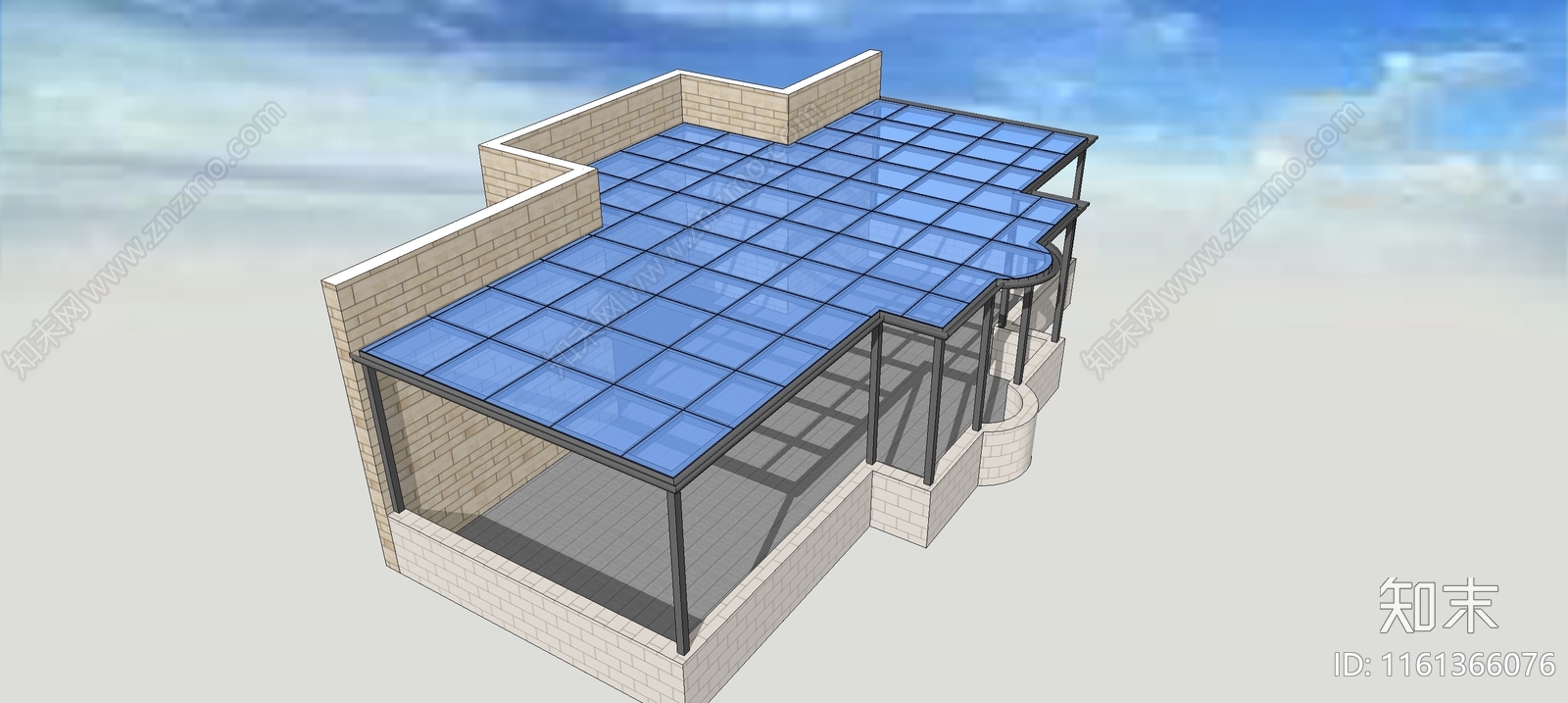 现代异形露台钢结构玻璃顶雨棚SU模型下载【ID:1161366076】