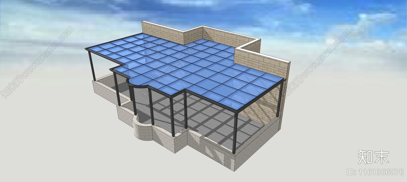 现代异形露台钢结构玻璃顶雨棚SU模型下载【ID:1161366076】
