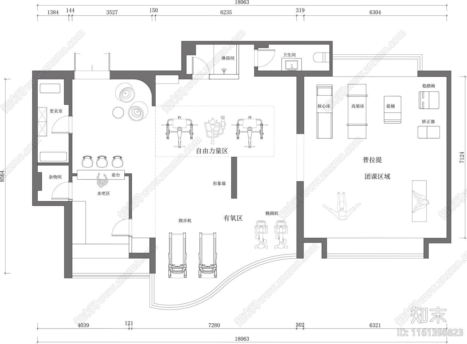 普拉提瘦身减肥中心平面施工图下载【ID:1161398823】