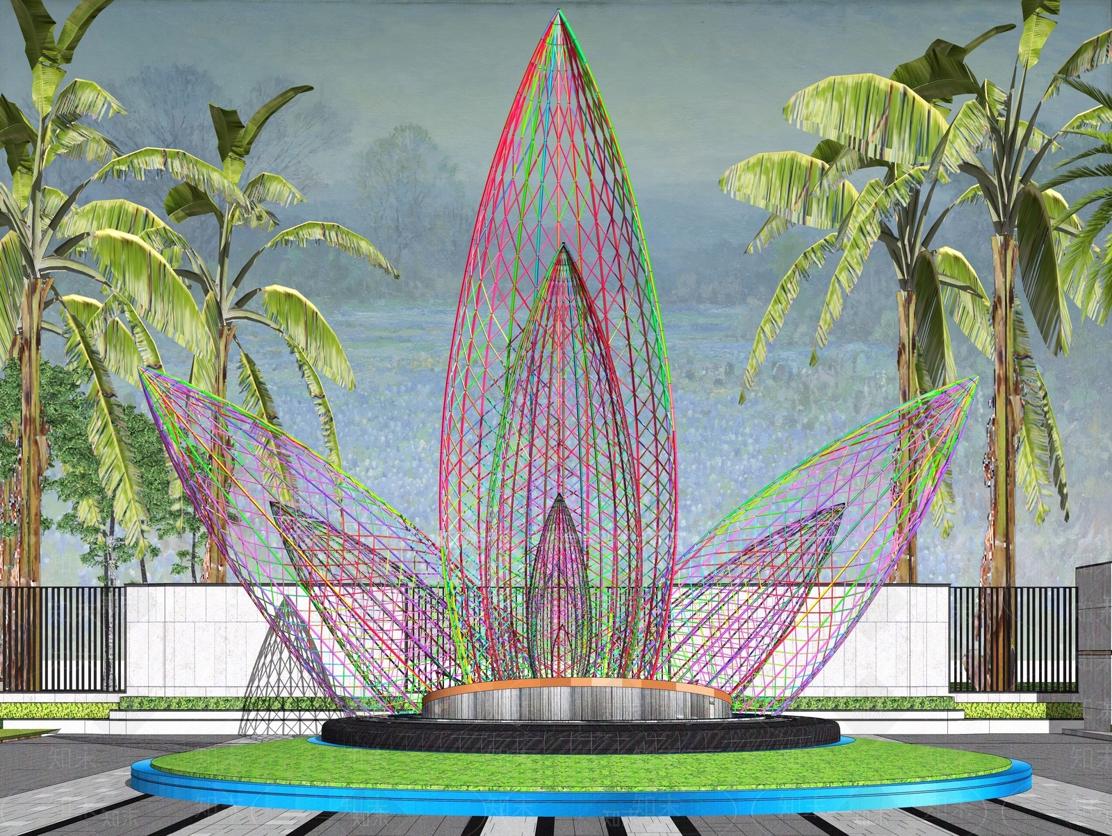 现代编织莲花网格花瓣三叶草造型雕塑SU模型下载【ID:1161417773】