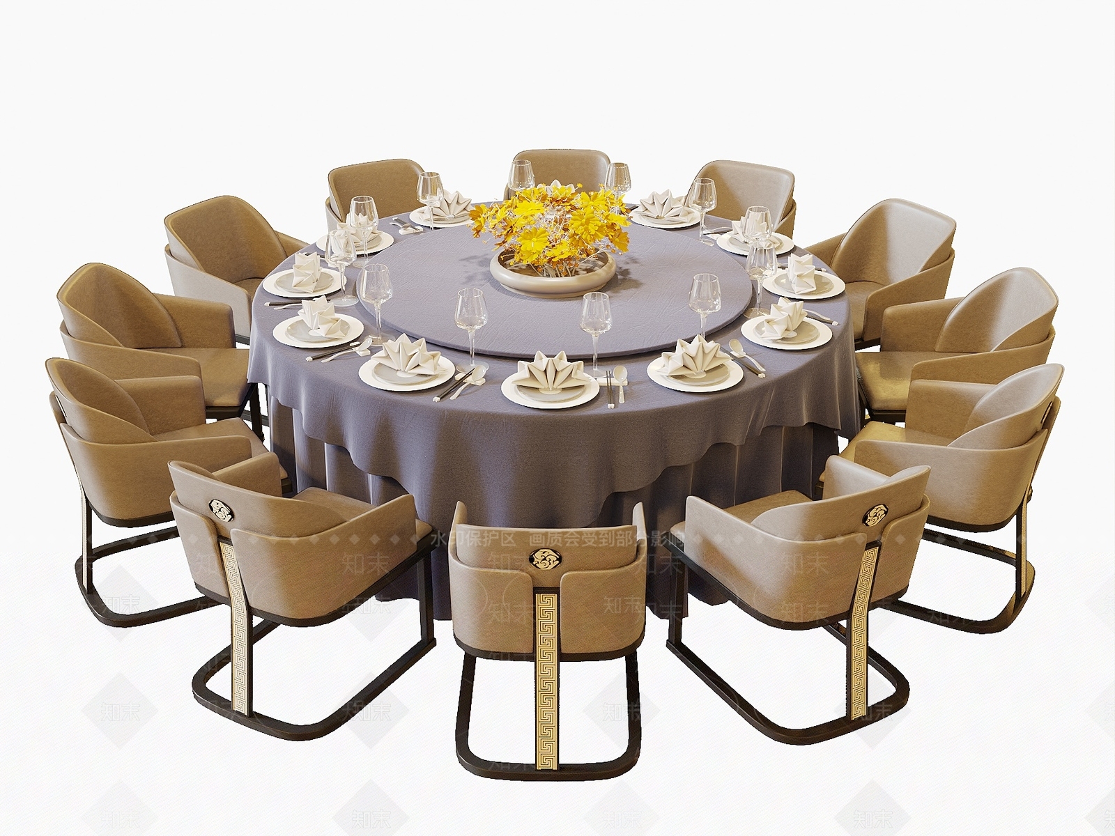 新中式圆餐桌组合SU模型下载【ID:1161427340】