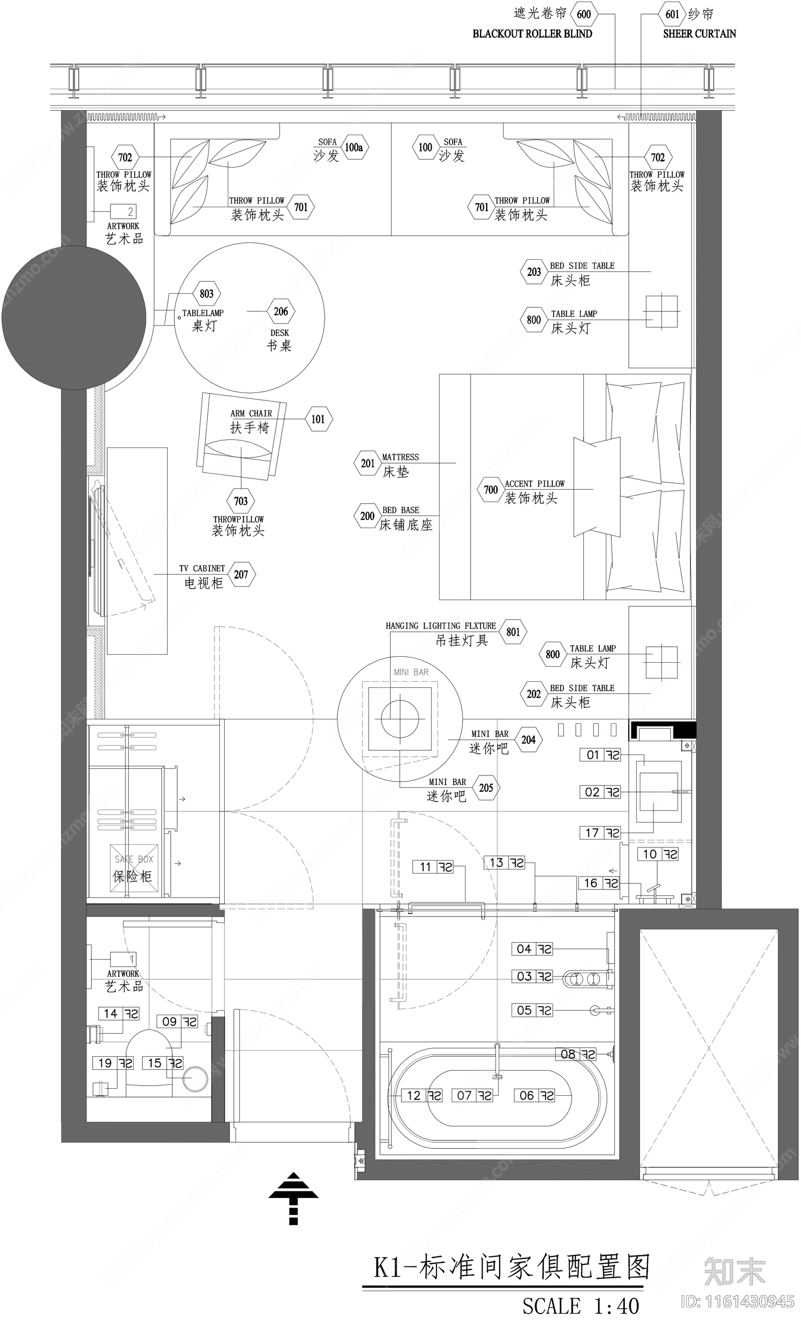 标准层酒店客房平面施工图下载【ID:1161430945】