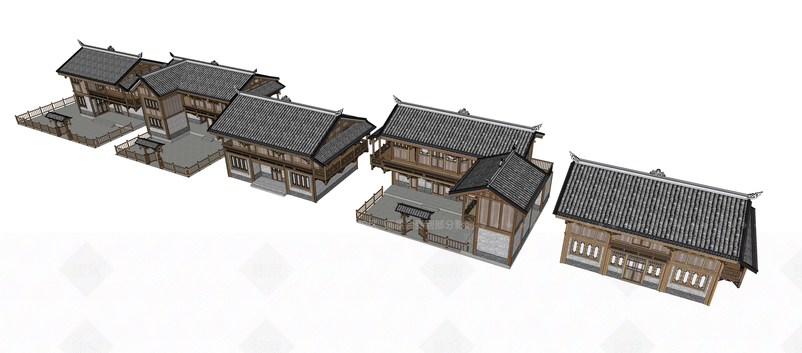 中式苗族民居建筑五个户型SU模型下载【ID:1161439818】