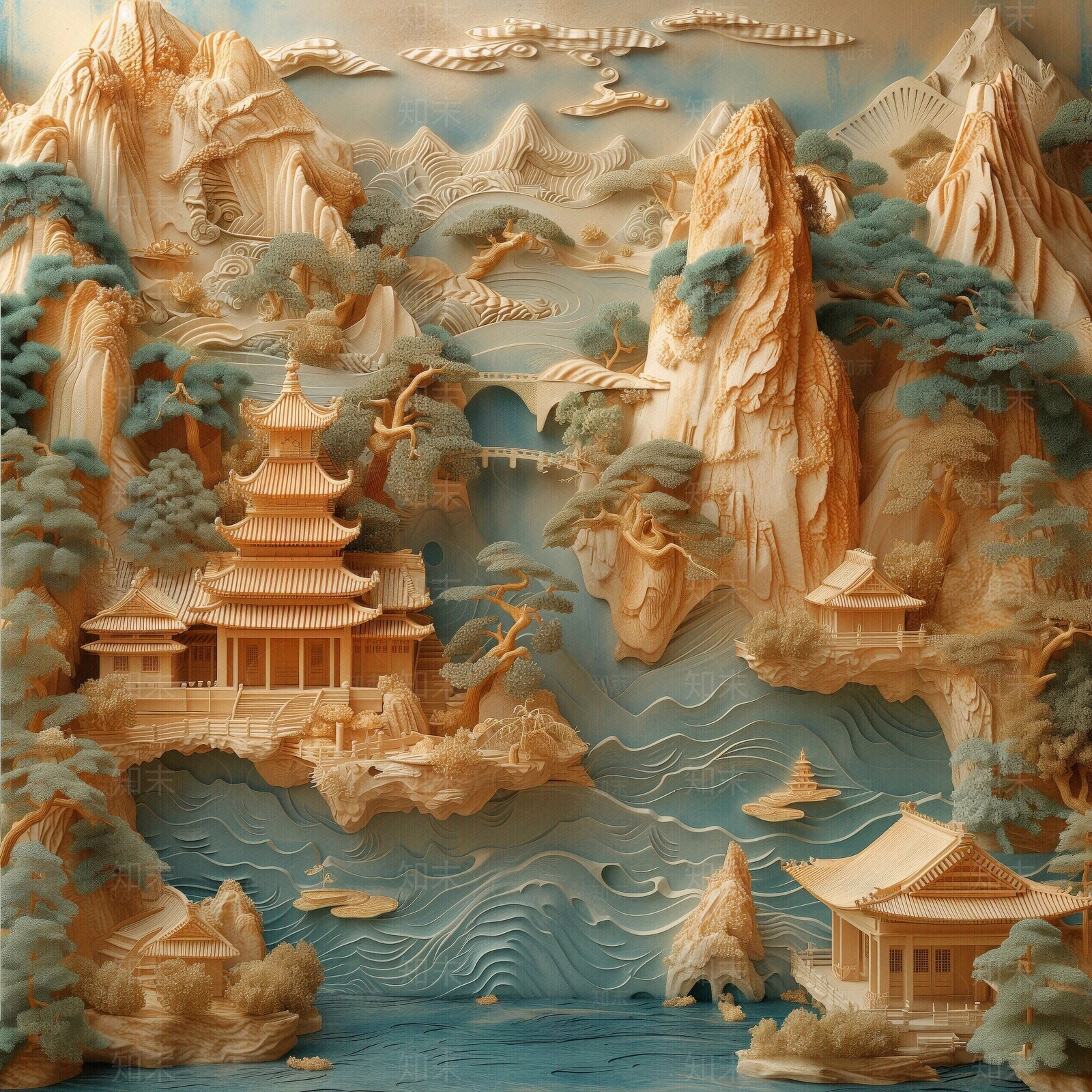 东方美学国风3D立体浮雕玉石景观山水背景壁画贴图下载【ID:1161443599】