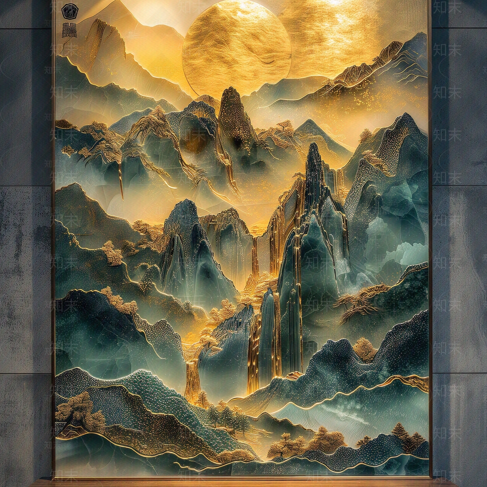 东方美学国风3D立体浮雕玉石景观山水背景壁画贴图下载【ID:1161443686】