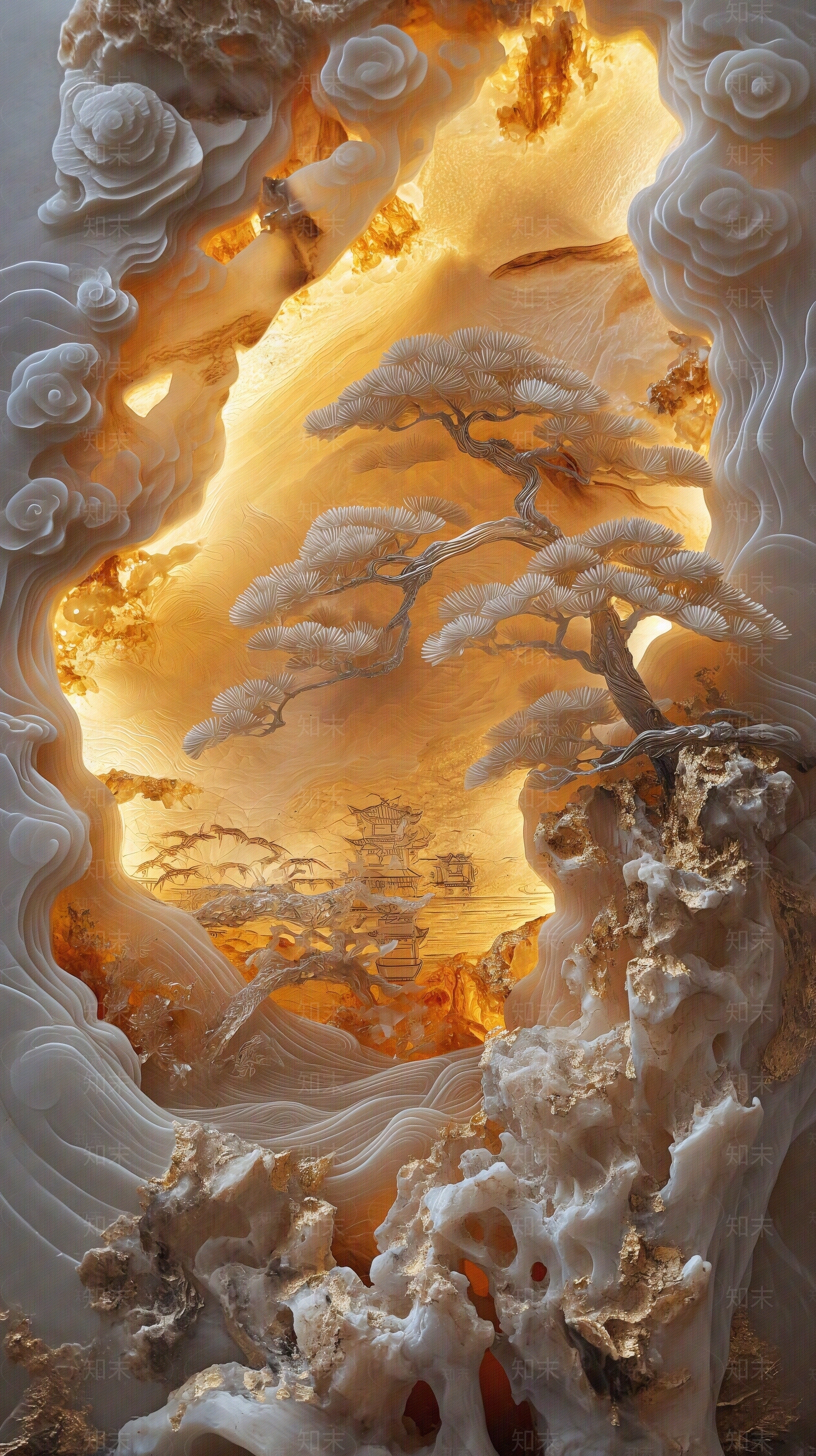 东方美学国风3D立体浮雕玉石景观山水背景壁画贴图下载【ID:1161443826】