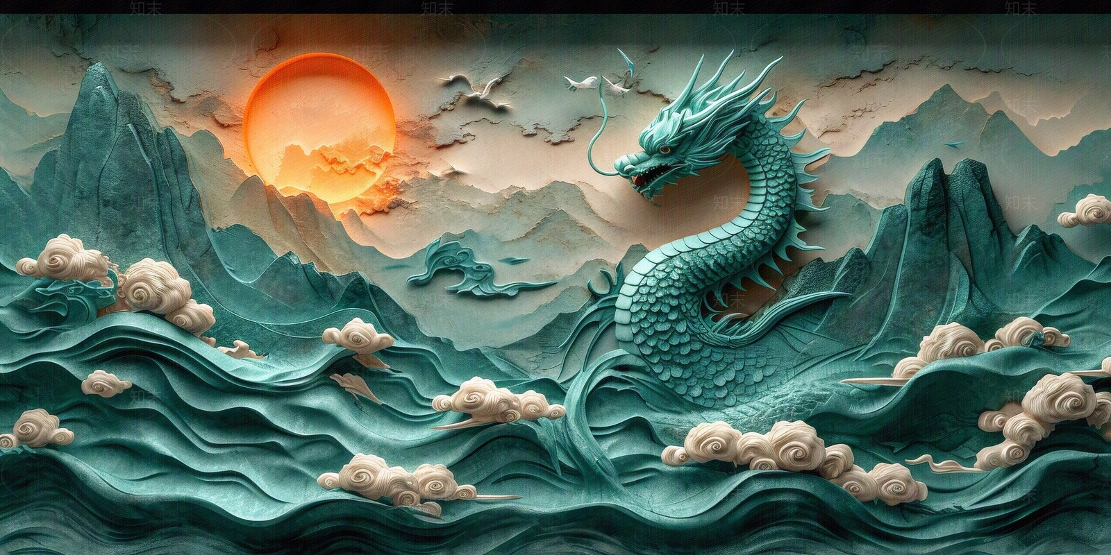 东方美学国风3D立体浮雕玉石景观山水背景壁画贴图下载【ID:1161444252】