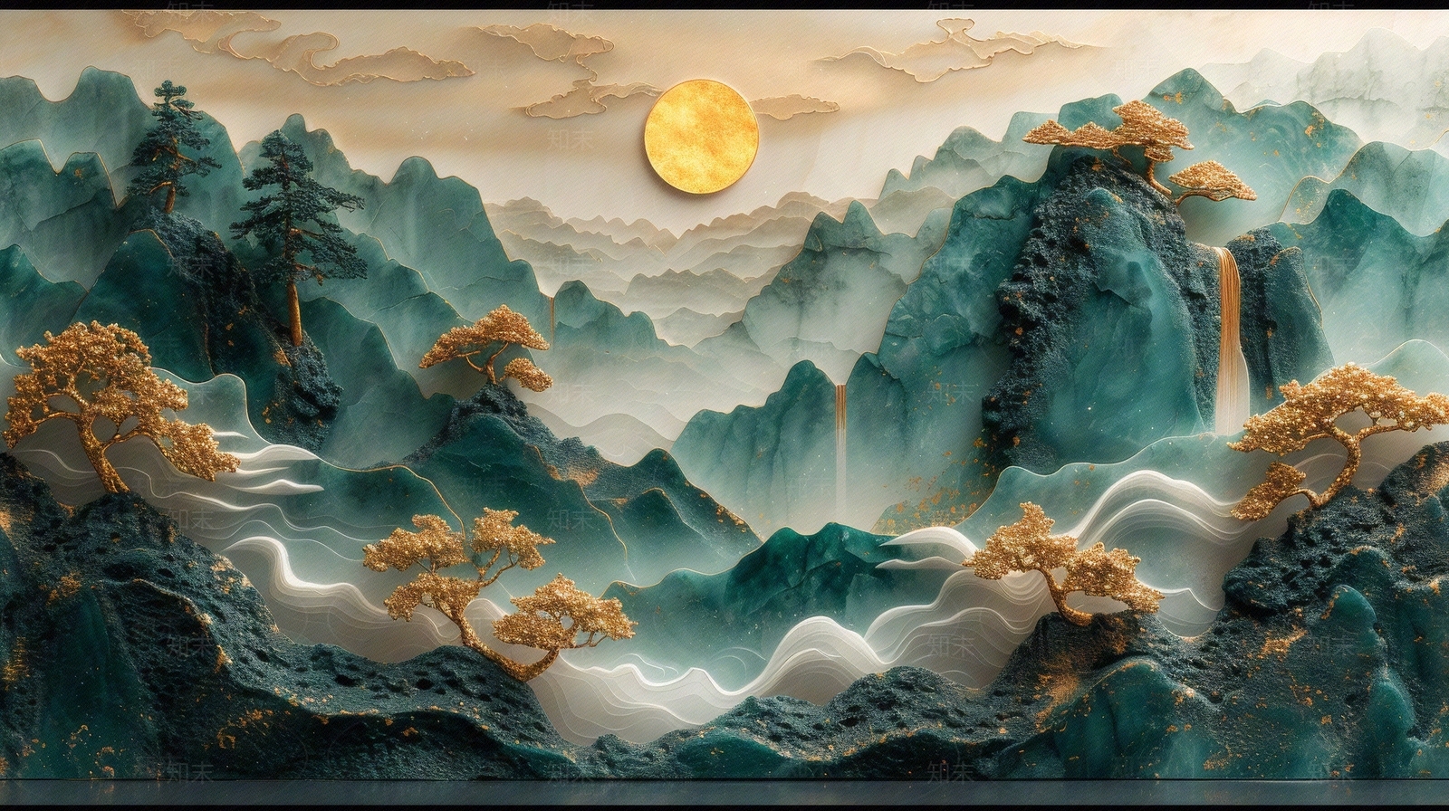 东方美学国风3D立体浮雕玉石景观山水背景壁画贴图下载【ID:1161444379】