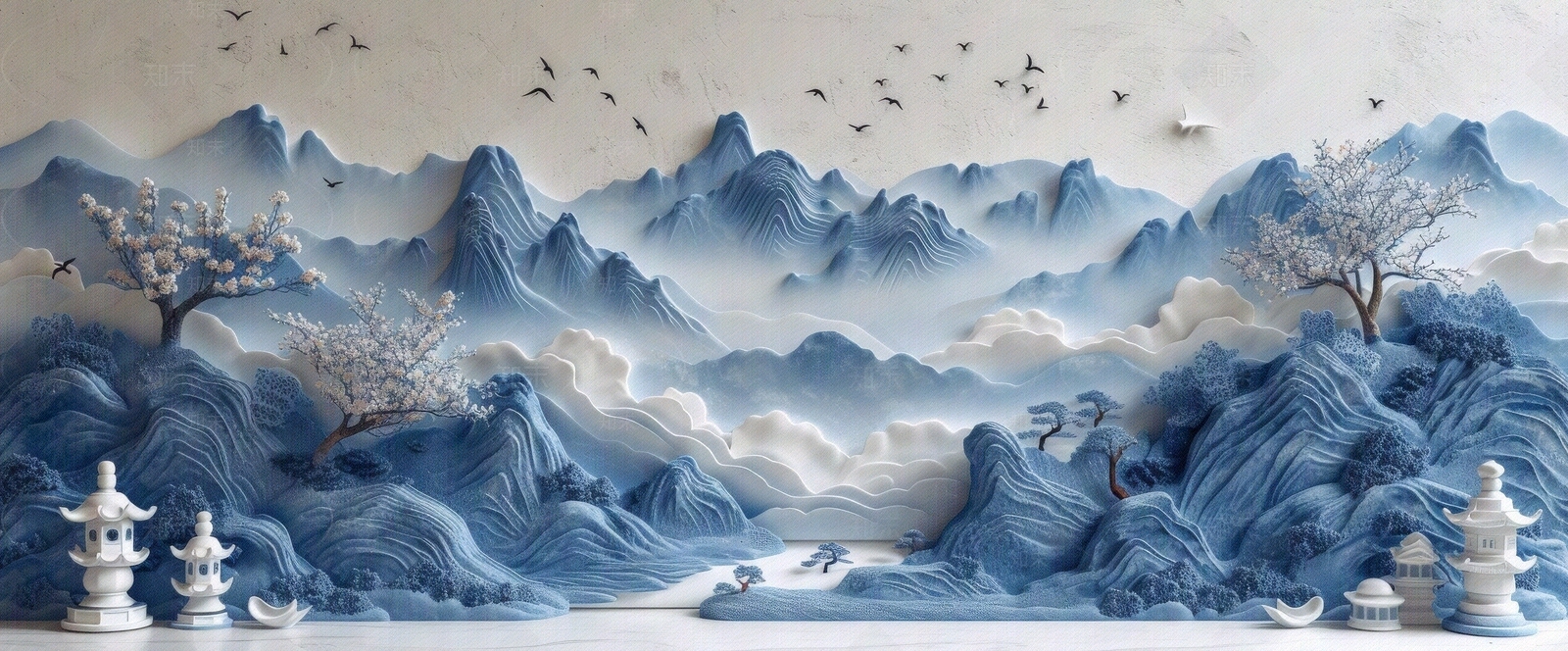 东方美学国风3D立体浮雕玉石景观山水背景壁画贴图下载【ID:1161444565】