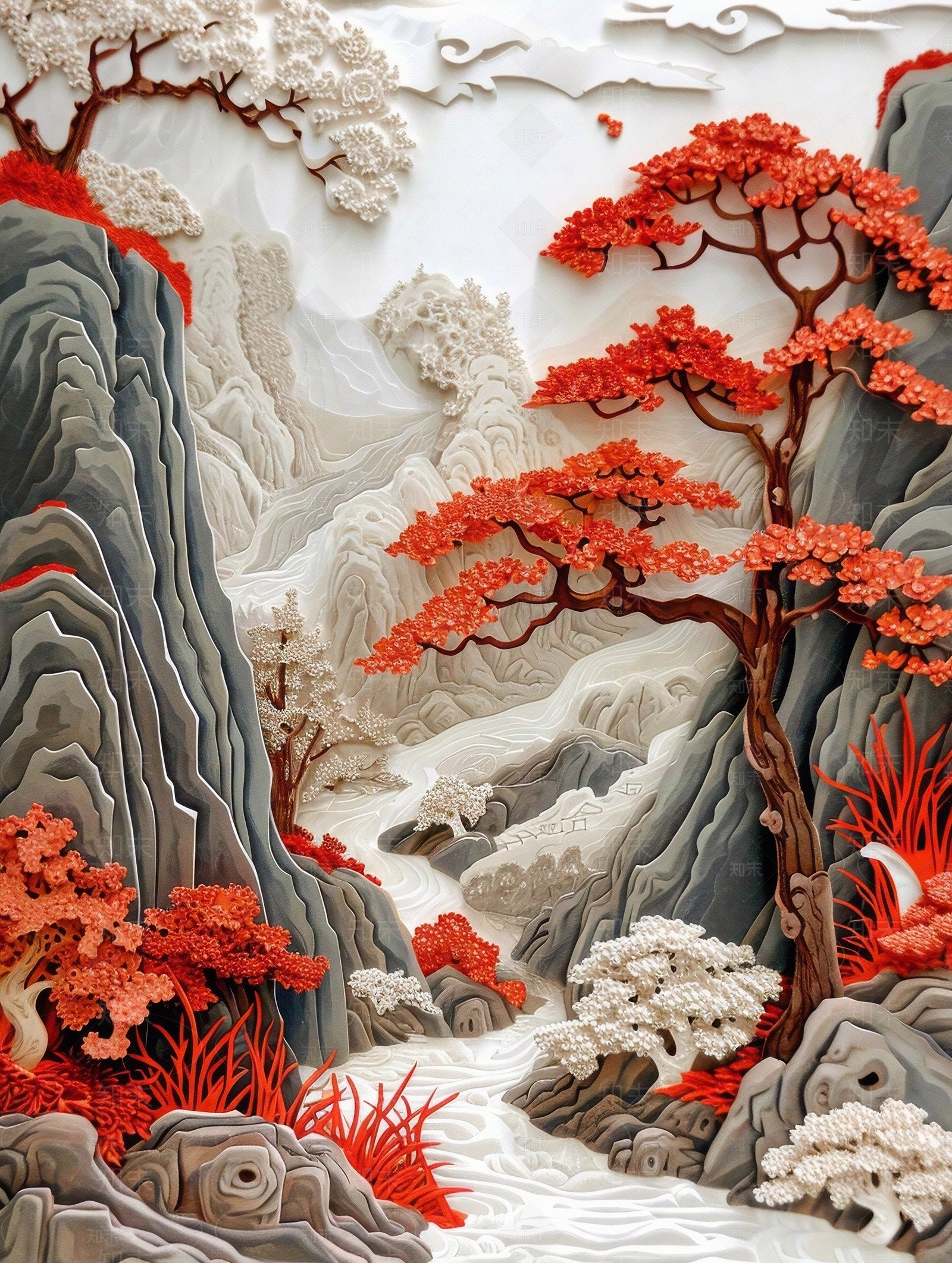 东方美学国风3D立体浮雕玉石景观山水背景壁画贴图下载【ID:1161444660】