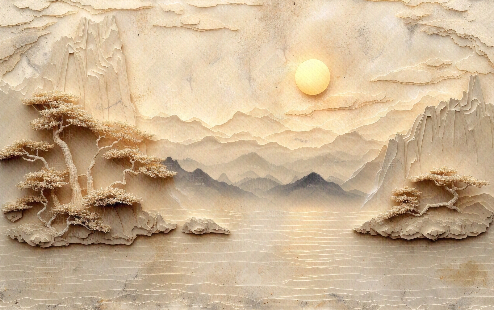 东方美学国风3D立体浮雕玉石景观山水背景壁画贴图下载【ID:1161444695】