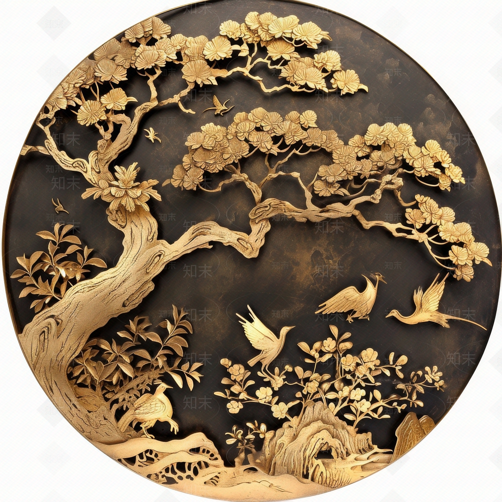 东方美学国风3D立体浮雕玉石景观山水背景壁画贴图下载【ID:1161444735】