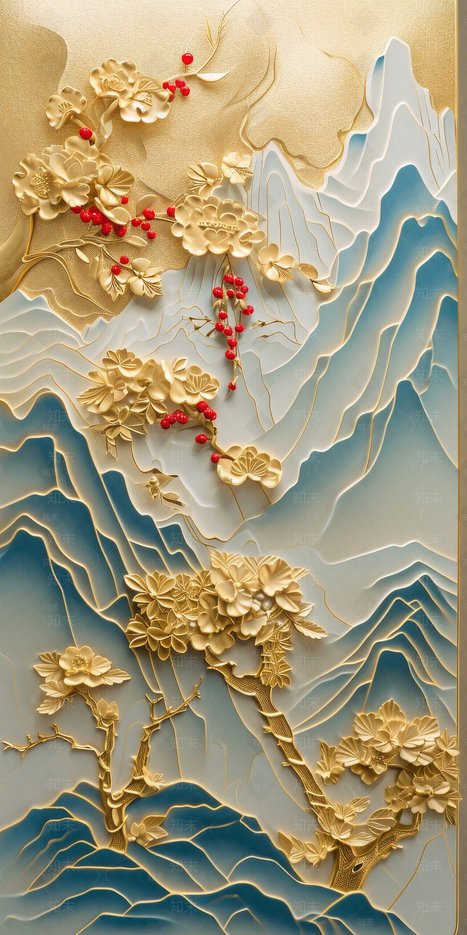 东方美学国风3D立体浮雕玉石景观山水背景壁画贴图下载【ID:1161444801】