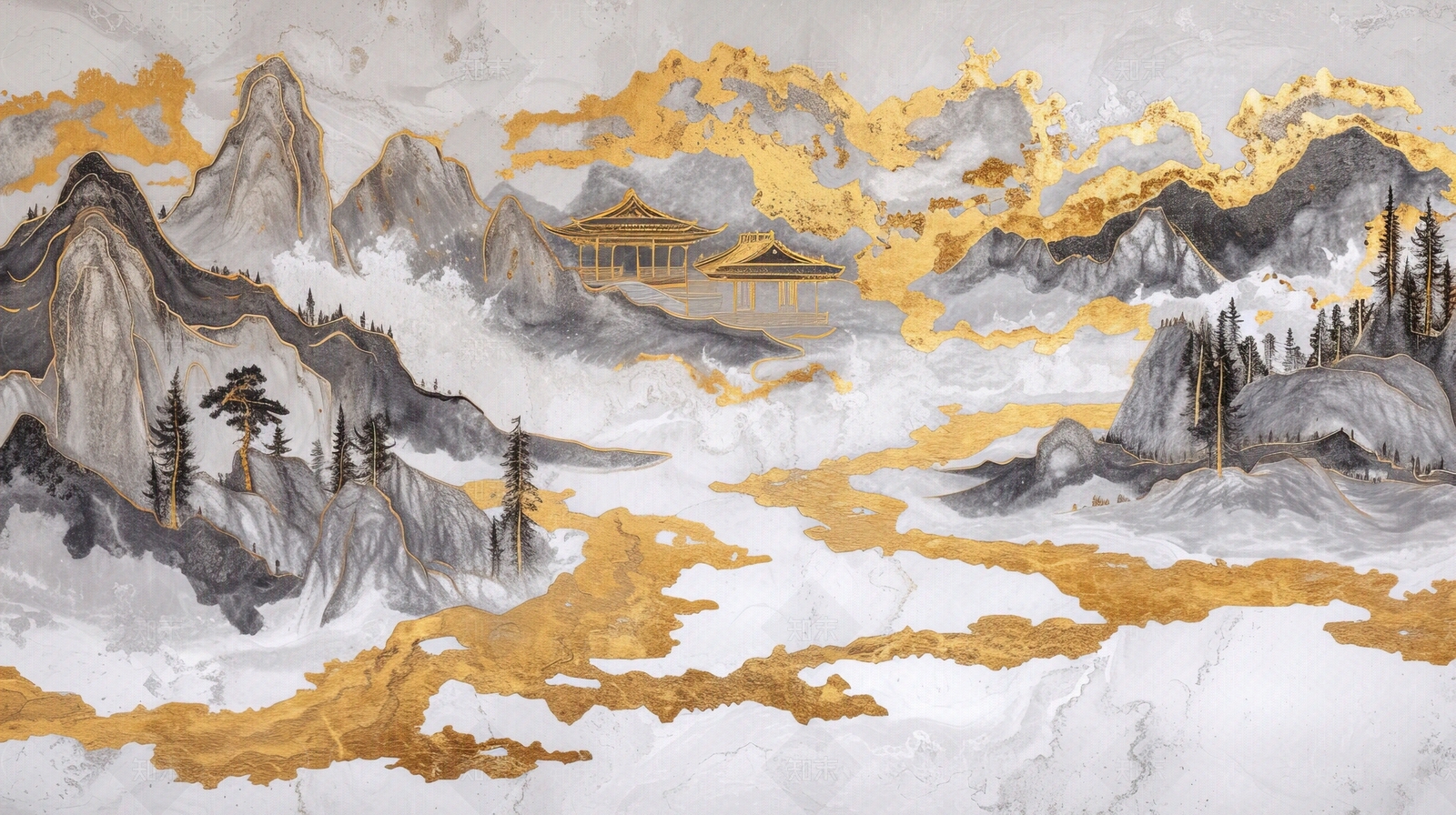 东方美学国风3D立体浮雕玉石景观山水背景壁画贴图下载【ID:1161444914】