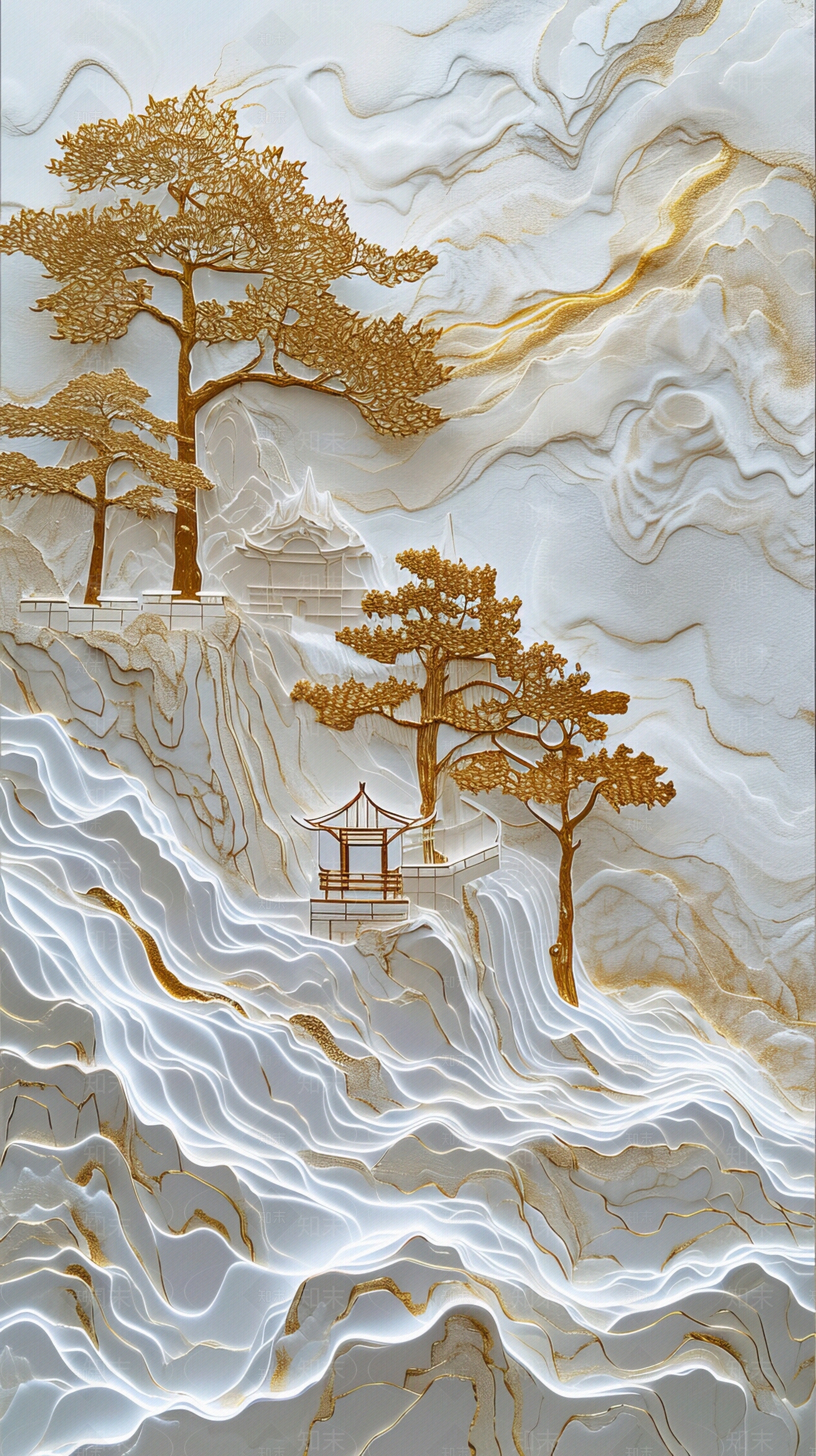 东方美学国风3D立体浮雕玉石景观山水背景壁画贴图下载【ID:1161445014】