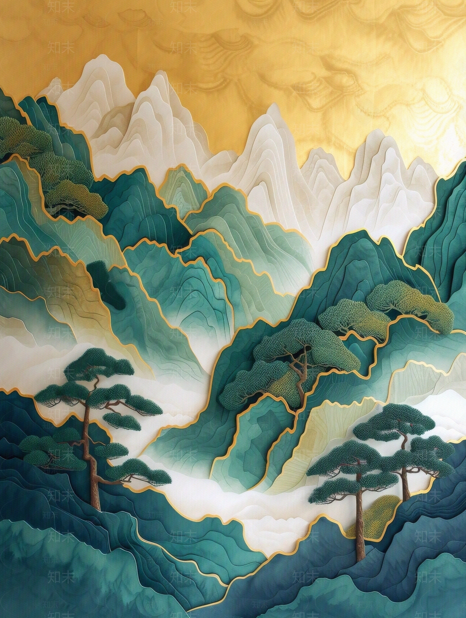 东方美学国风3D立体浮雕玉石景观山水背景壁画贴图下载【ID:1161445009】