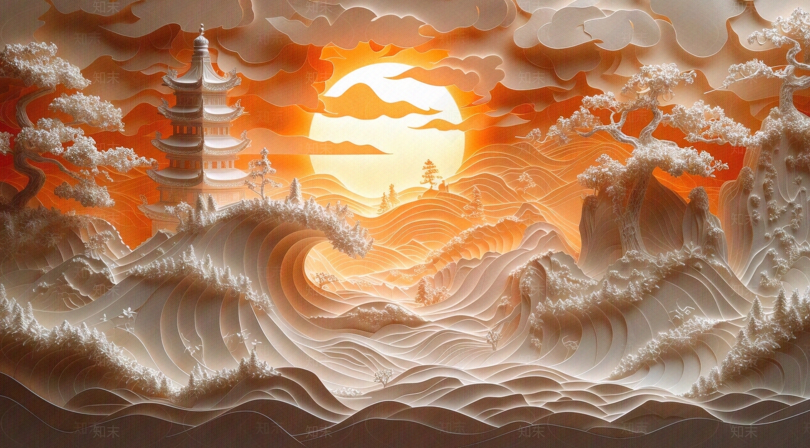 东方美学国风3D立体浮雕玉石景观山水背景壁画贴图下载【ID:1161445253】