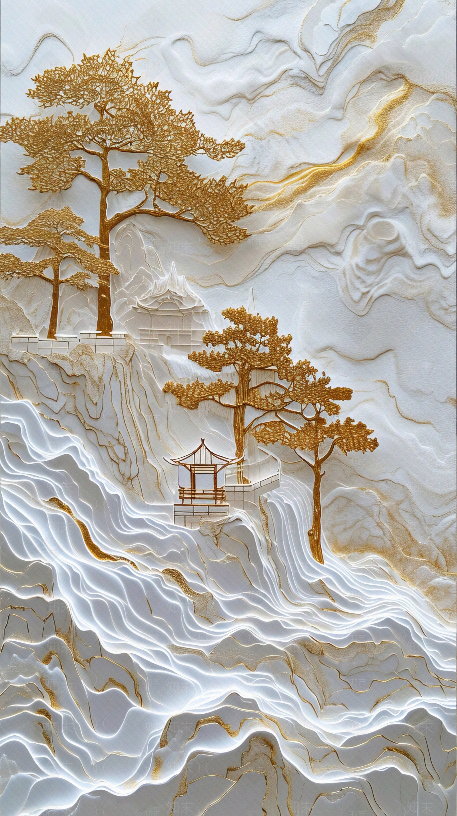 东方美学国风3D立体浮雕玉石景观山水背景壁画贴图下载【ID:1161445235】