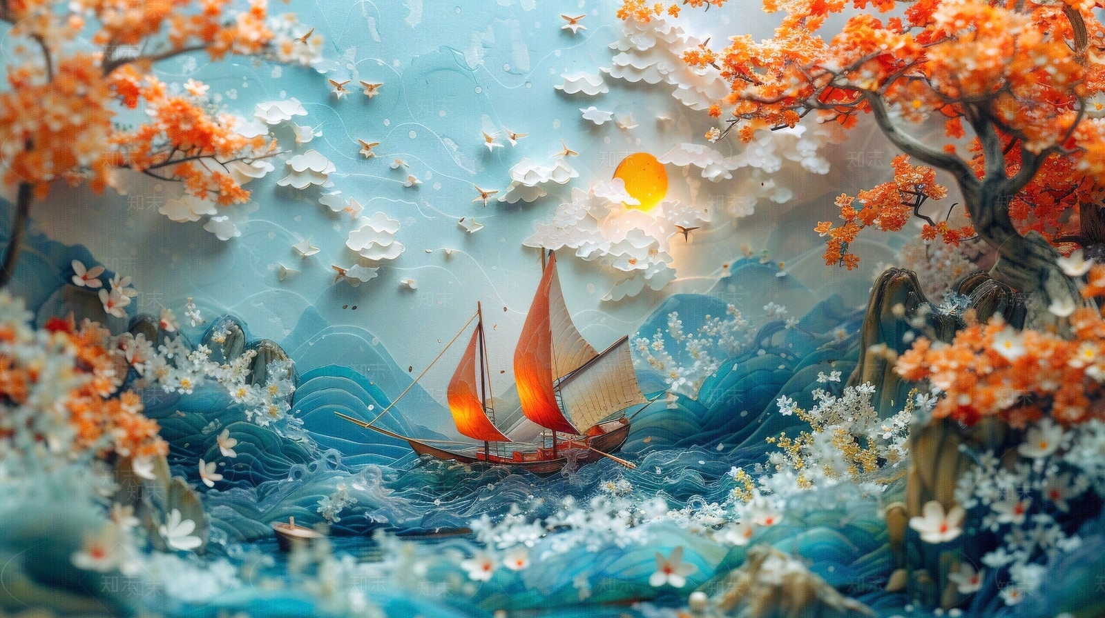 东方美学国风3D立体浮雕玉石景观山水背景壁画贴图下载【ID:1161445372】