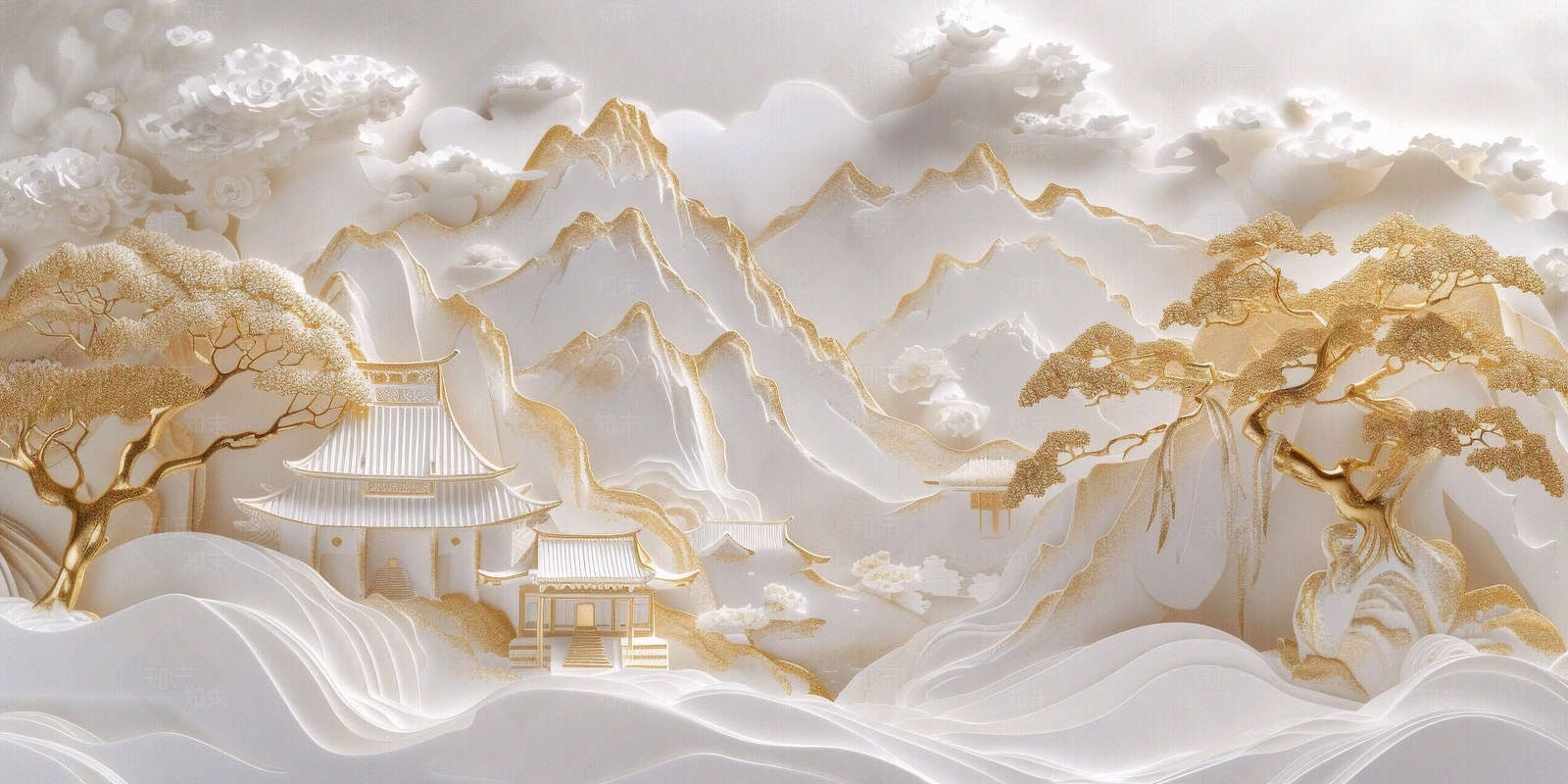 东方美学国风3D立体浮雕玉石景观山水背景壁画贴图下载【ID:1161445474】