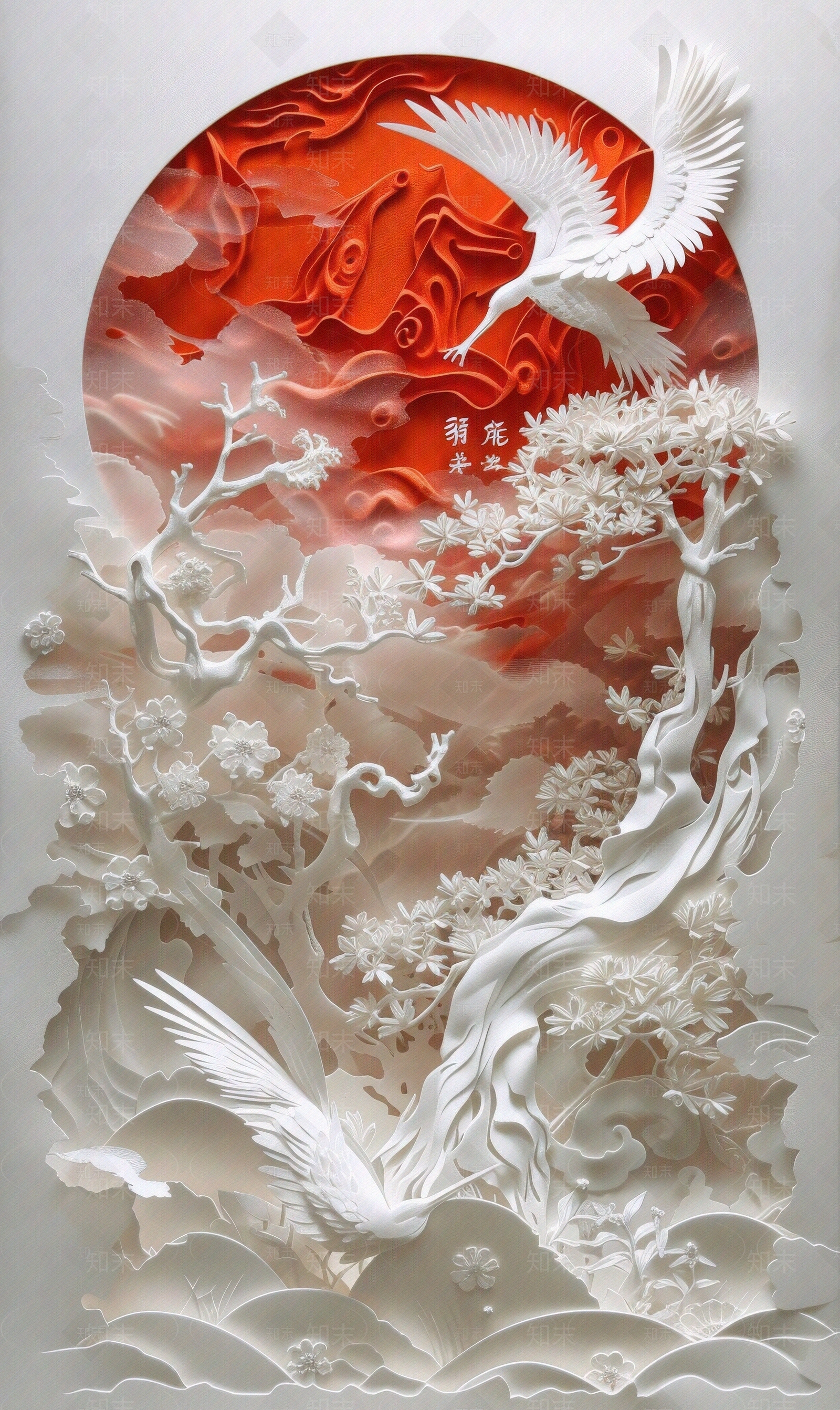 东方美学国风3D立体浮雕玉石景观山水背景壁画贴图下载【ID:1161445527】