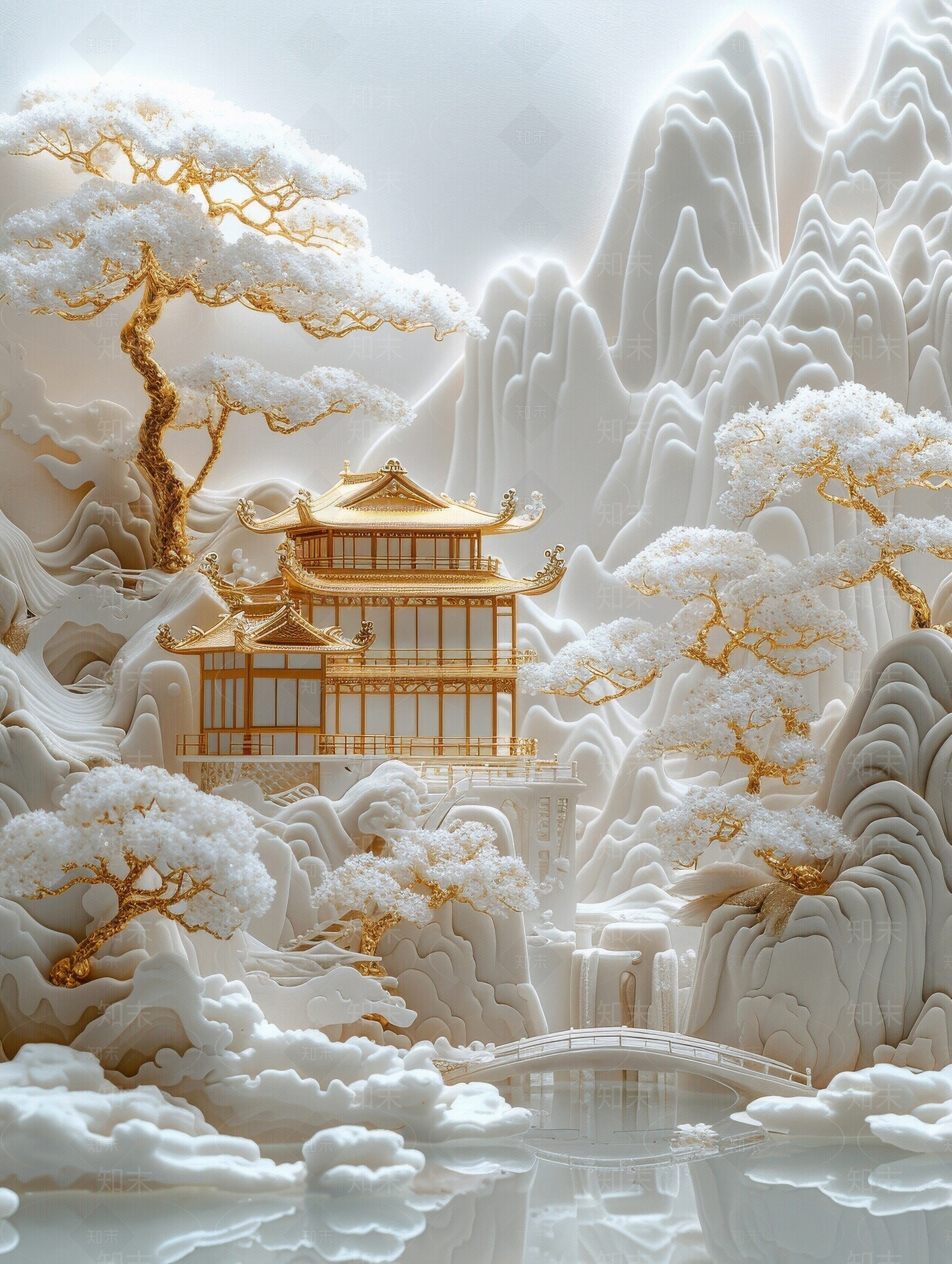 东方美学国风3D立体浮雕玉石景观山水背景壁画贴图下载【ID:1161445614】