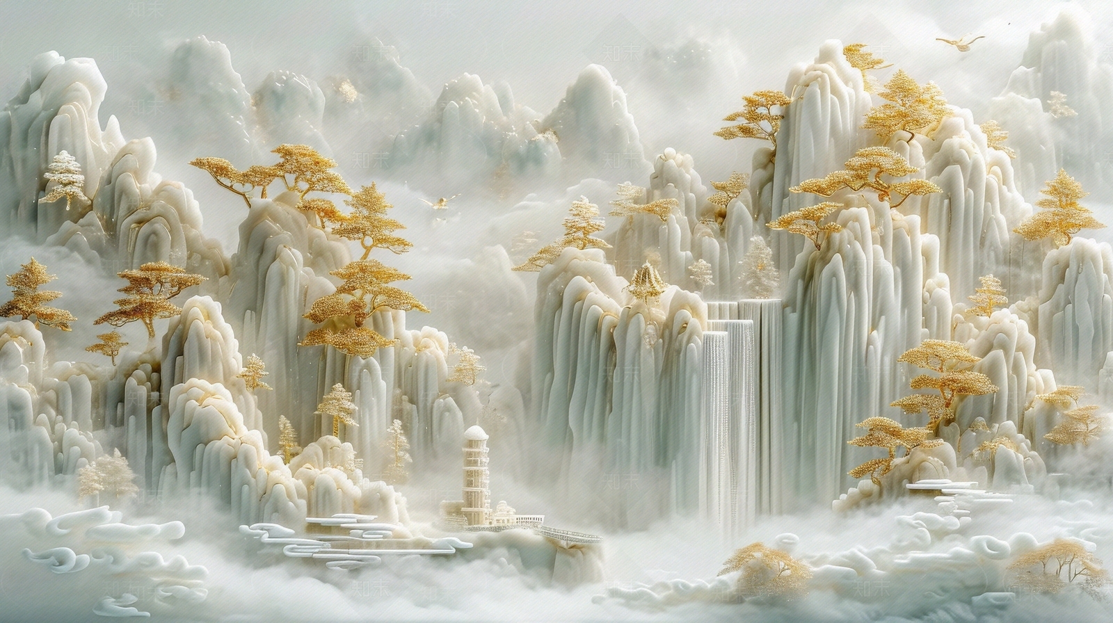 东方美学国风3D立体浮雕玉石景观山水背景壁画贴图下载【ID:1161445854】