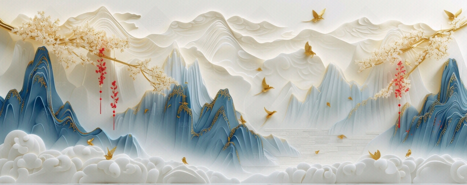 东方美学国风3D立体浮雕玉石景观山水背景壁画贴图下载【ID:1161446062】