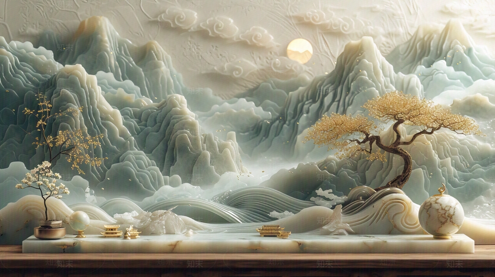 东方美学国风3D立体浮雕玉石景观山水背景壁画贴图下载【ID:1161446103】