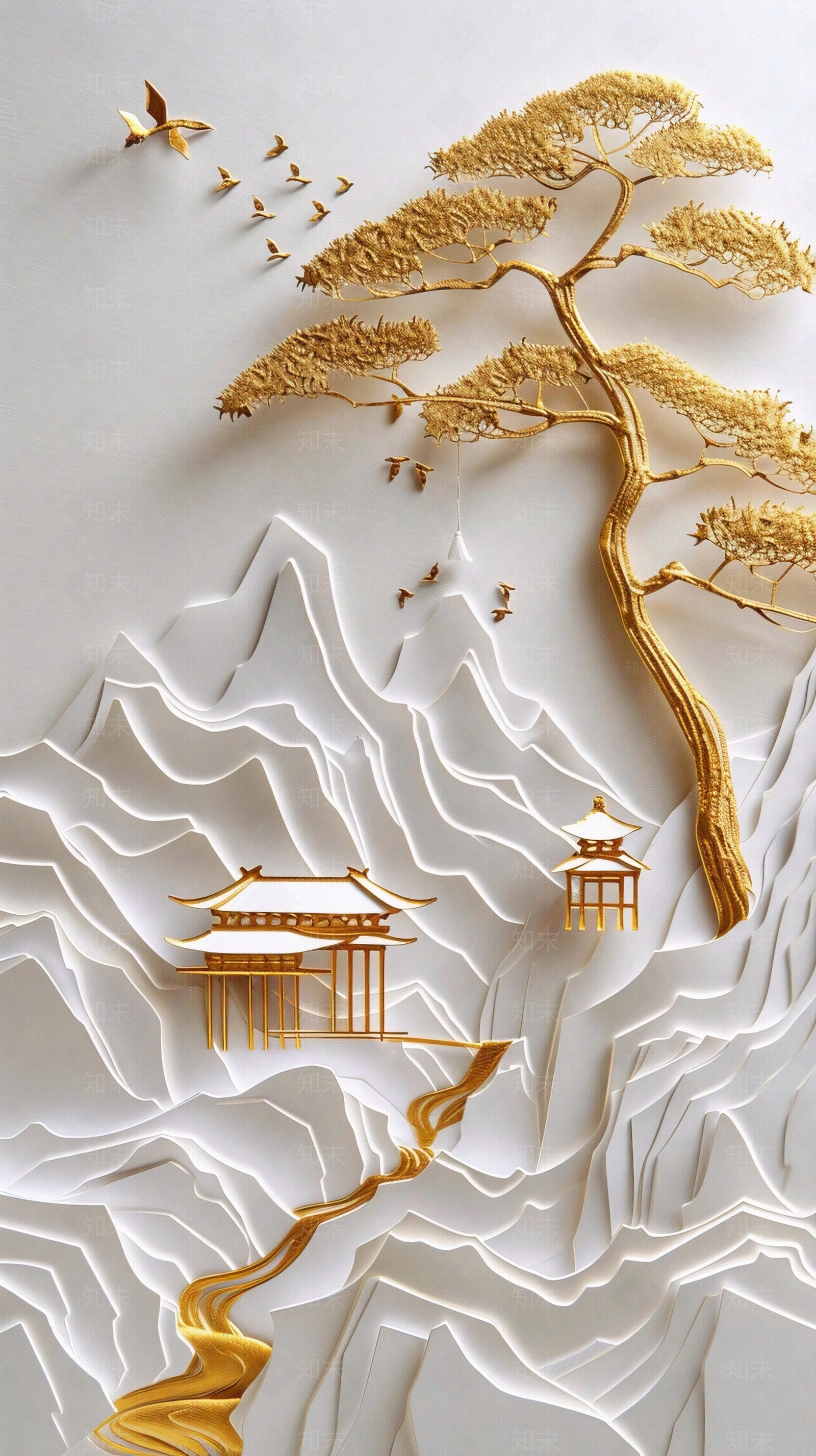 东方美学国风3D立体浮雕玉石景观山水背景壁画贴图下载【ID:1161446167】