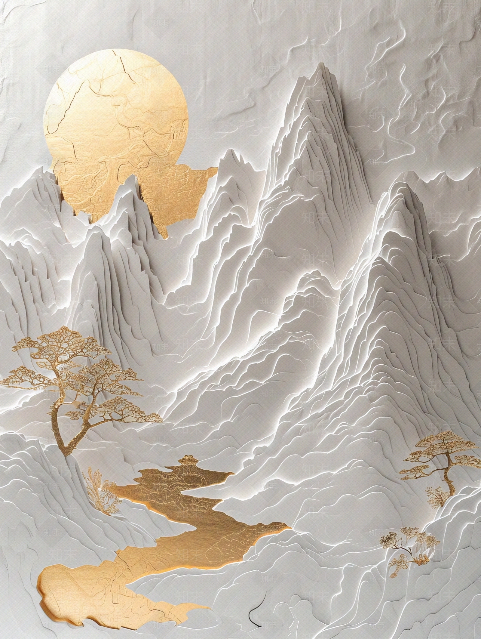 东方美学国风3D立体浮雕玉石景观山水背景壁画贴图下载【ID:1161446253】