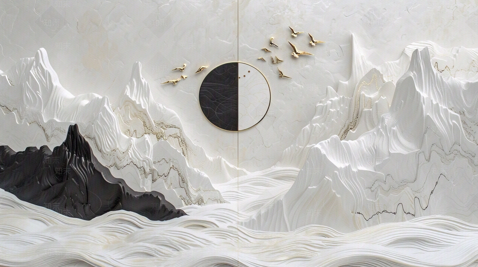 东方美学国风3D立体浮雕玉石景观山水背景壁画贴图下载【ID:1161446366】