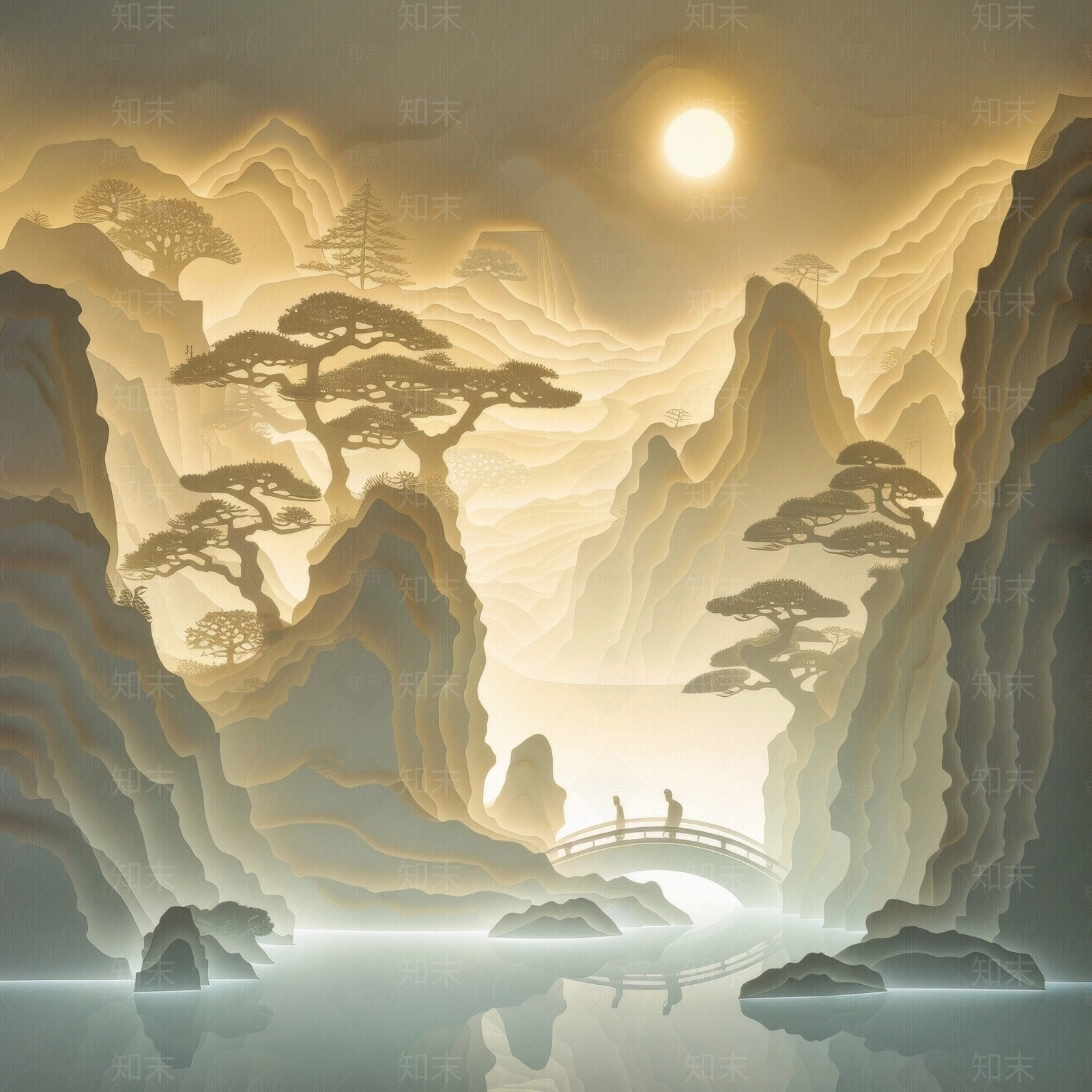 东方美学国风3D立体浮雕玉石景观山水背景壁画贴图下载【ID:1161446575】