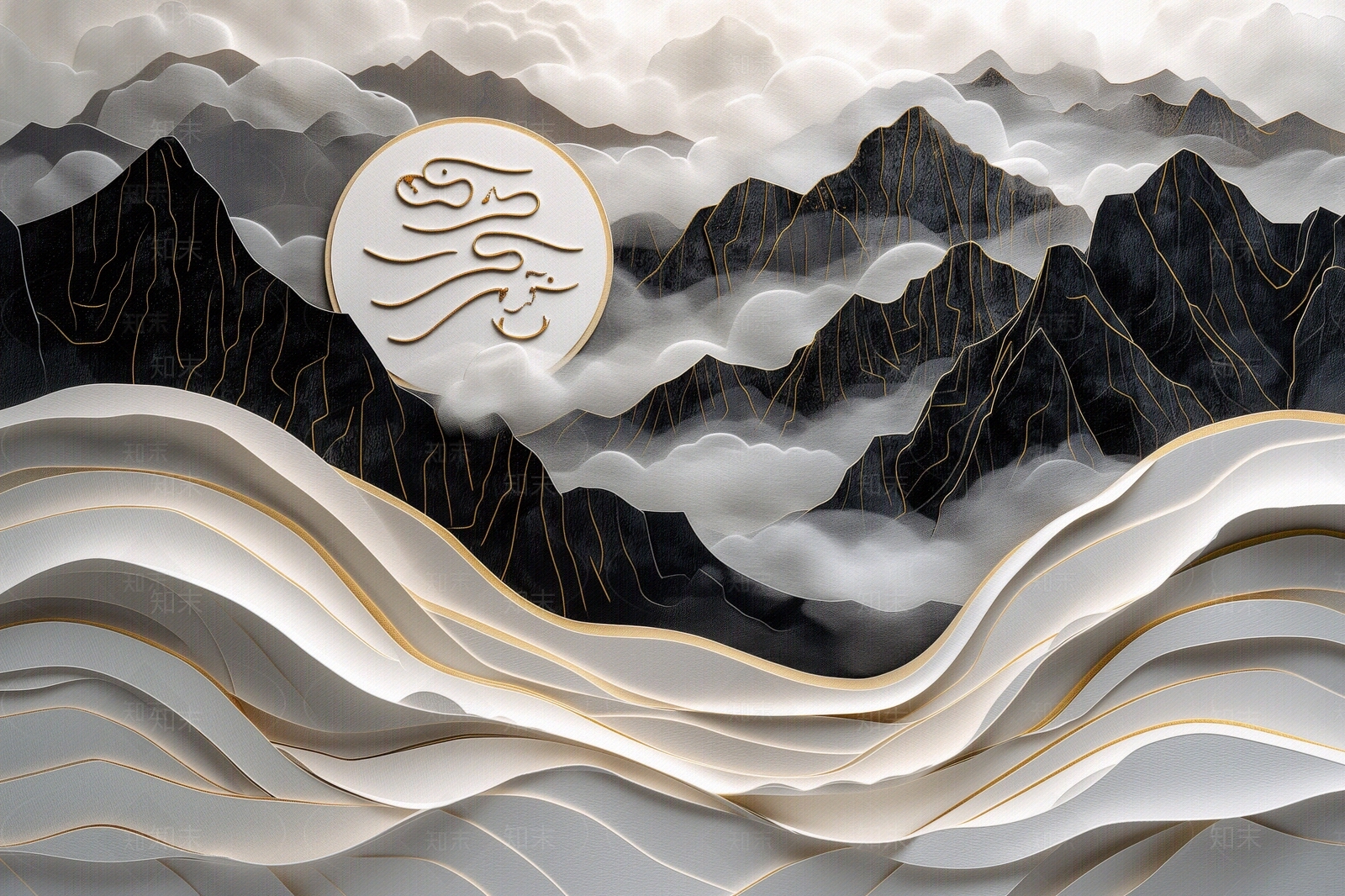 东方美学国风3D立体浮雕玉石景观山水背景壁画贴图下载【ID:1161446760】