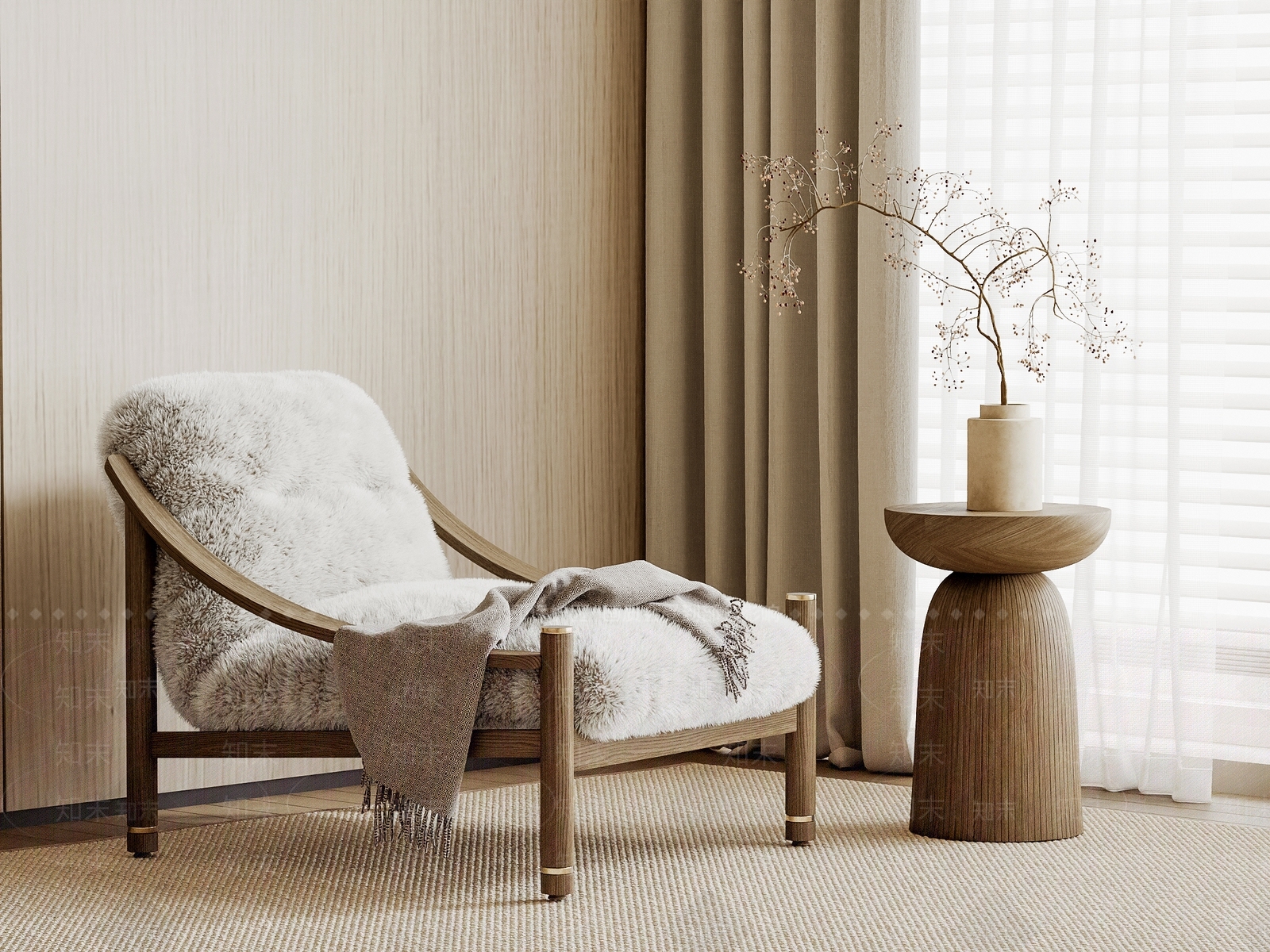 侘寂风休闲椅边几组合3D模型下载【ID:1161451569】