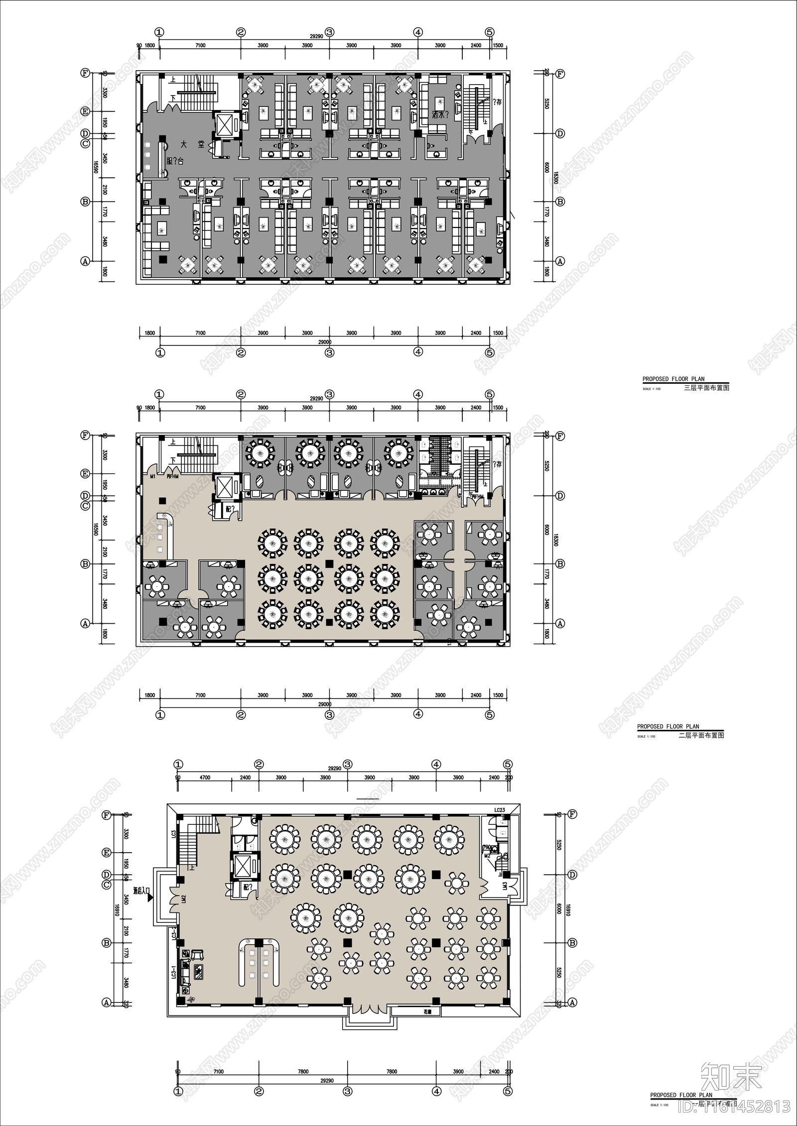 2000㎡三层中餐厅平面布置图施工图下载【ID:1161452813】