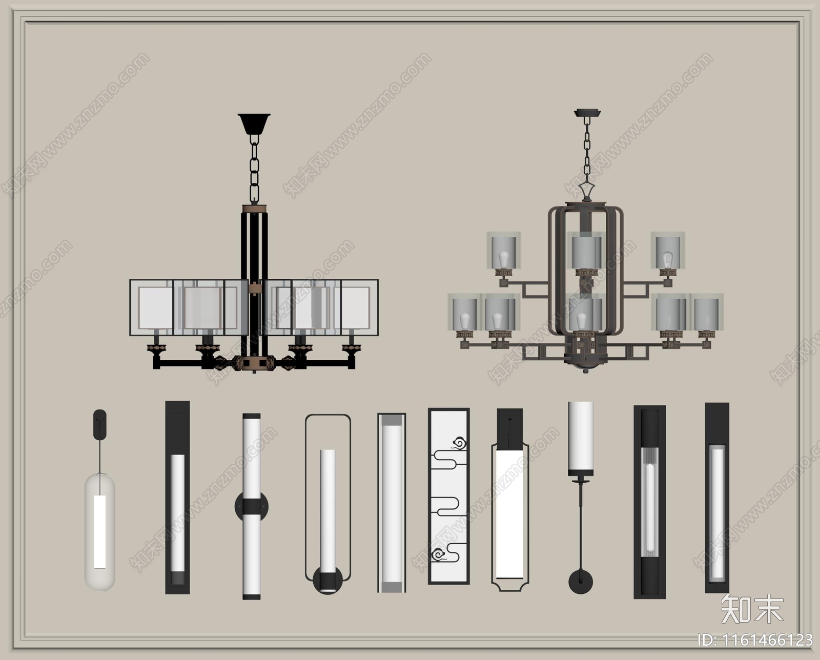 新中式吊灯壁灯组合SU模型下载【ID:1161466123】